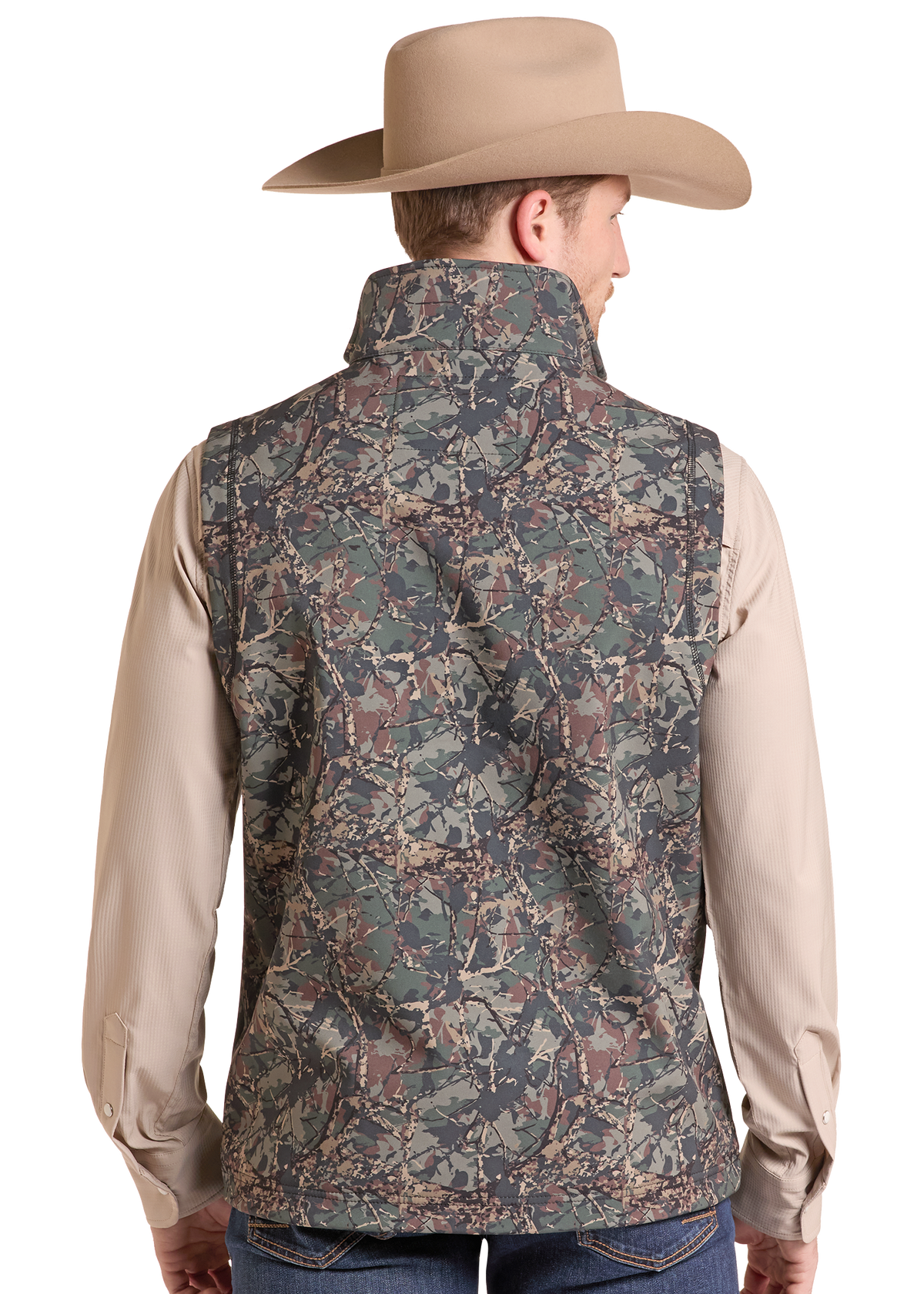 A man shown from the back wearing a sleeveless camouflage vest over a beige long-sleeve shirt and a tan cowboy hat, against a plain white studio background.