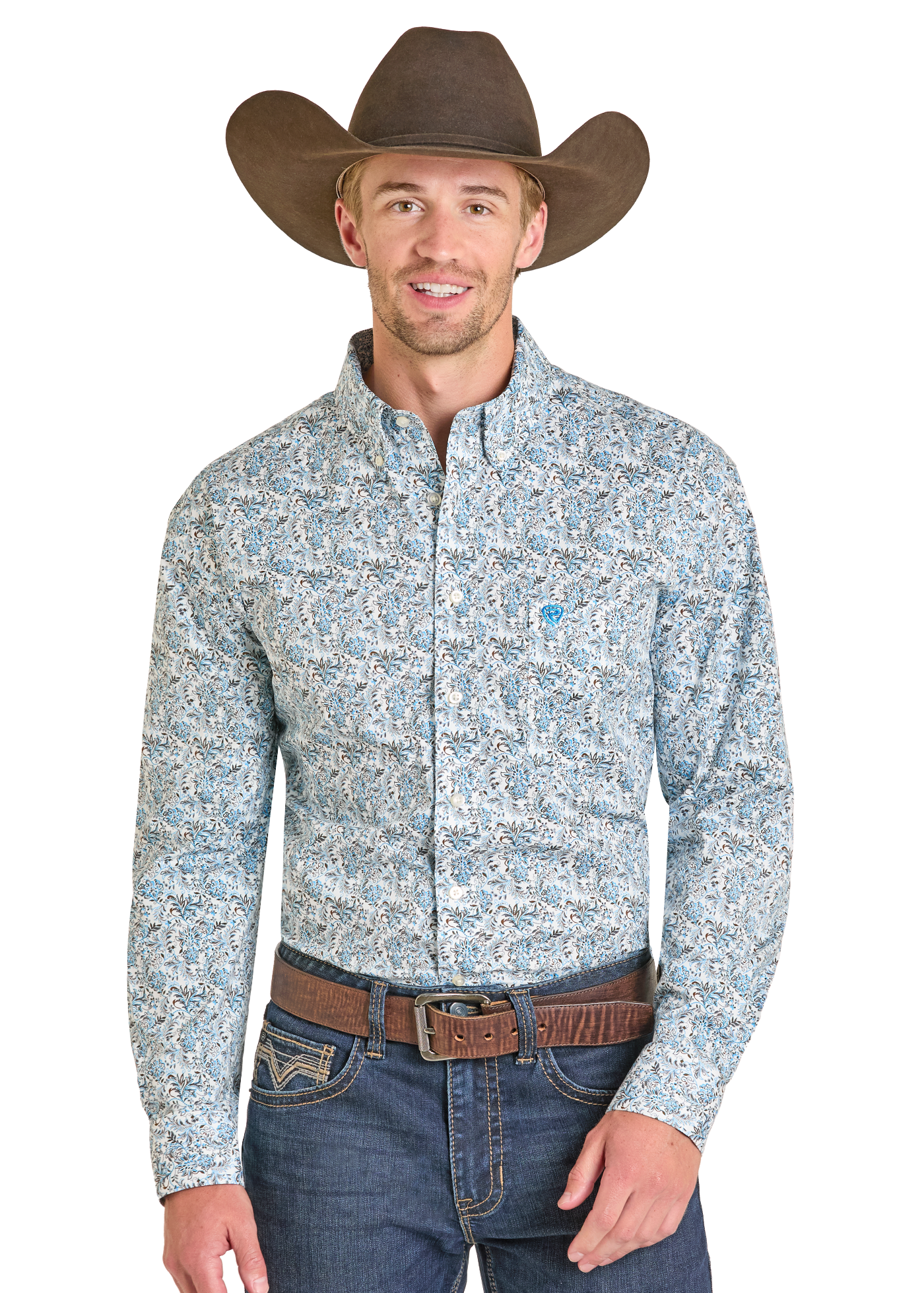 Man wearing a patterned shirt, jeans, and a cowboy hat on a white background