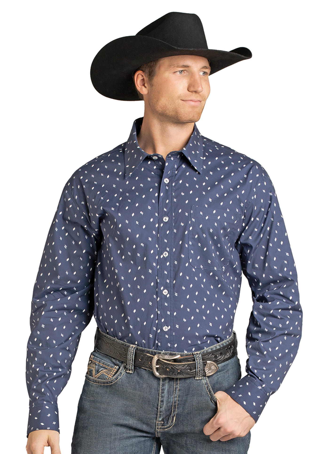 Man wearing a blue patterned shirt, jeans, and a black cowboy hat on a white background