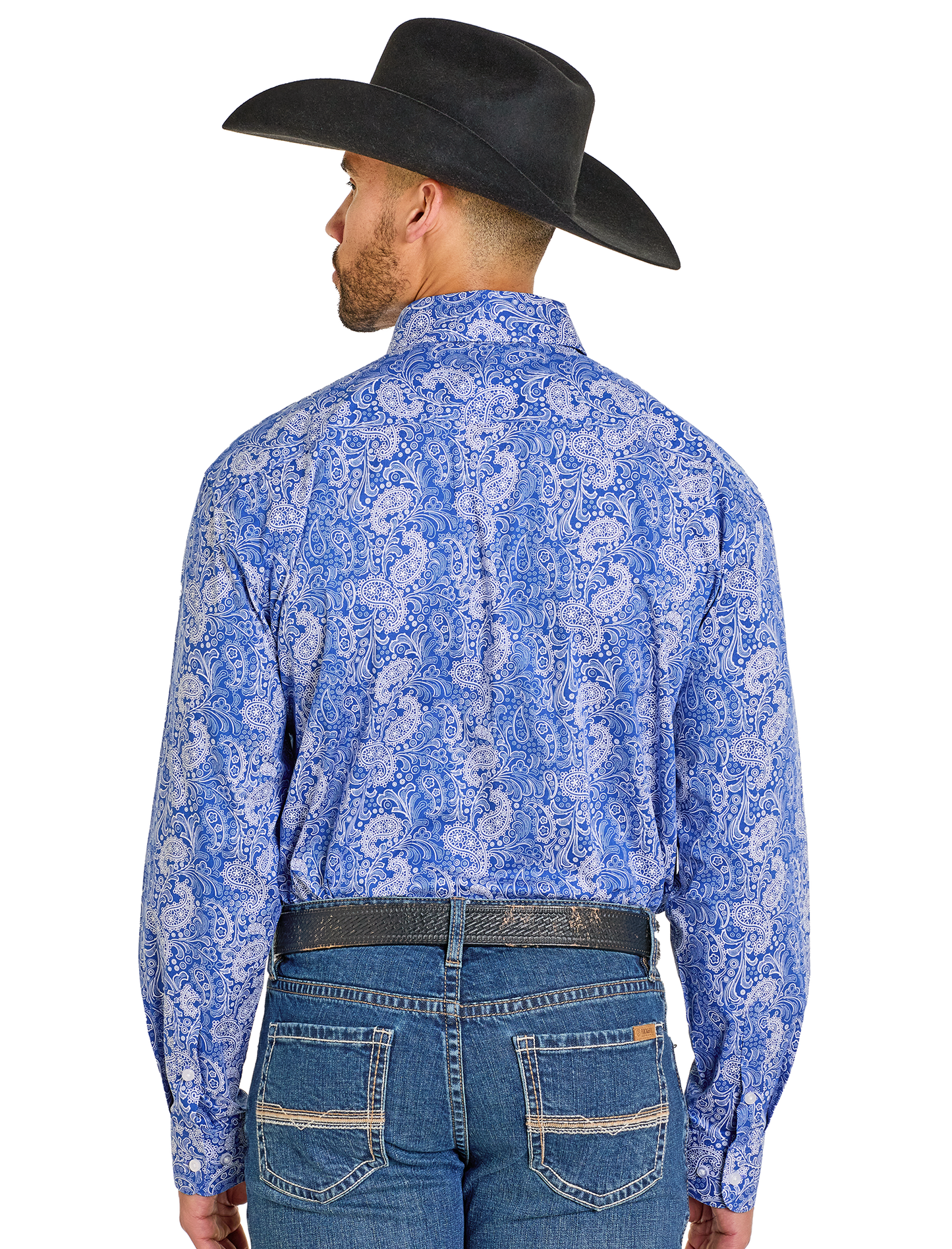Man wearing a blue patterned shirt and black cowboy hat on a white background