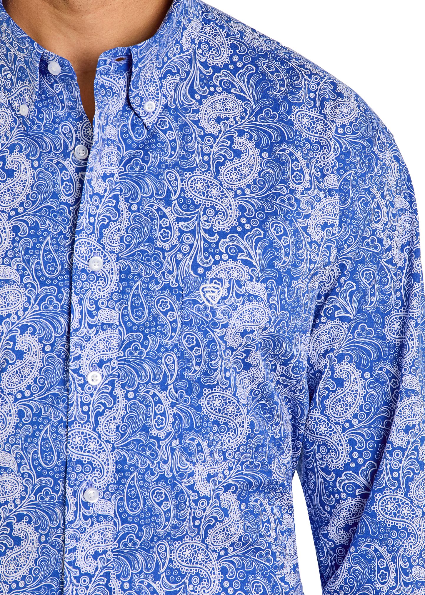 Blue paisley patterned shirt with a close-up view