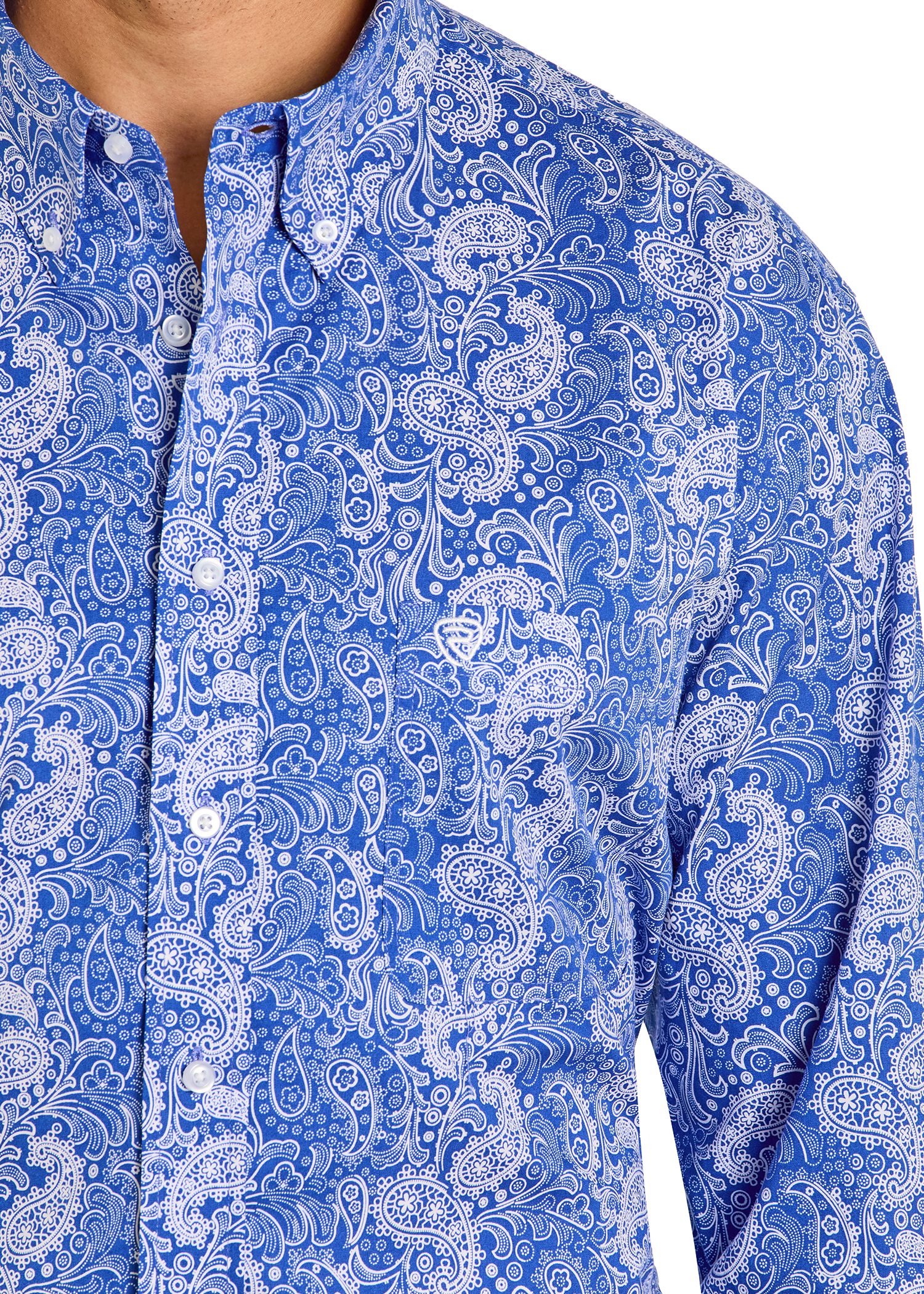 Blue paisley patterned shirt with a close-up view