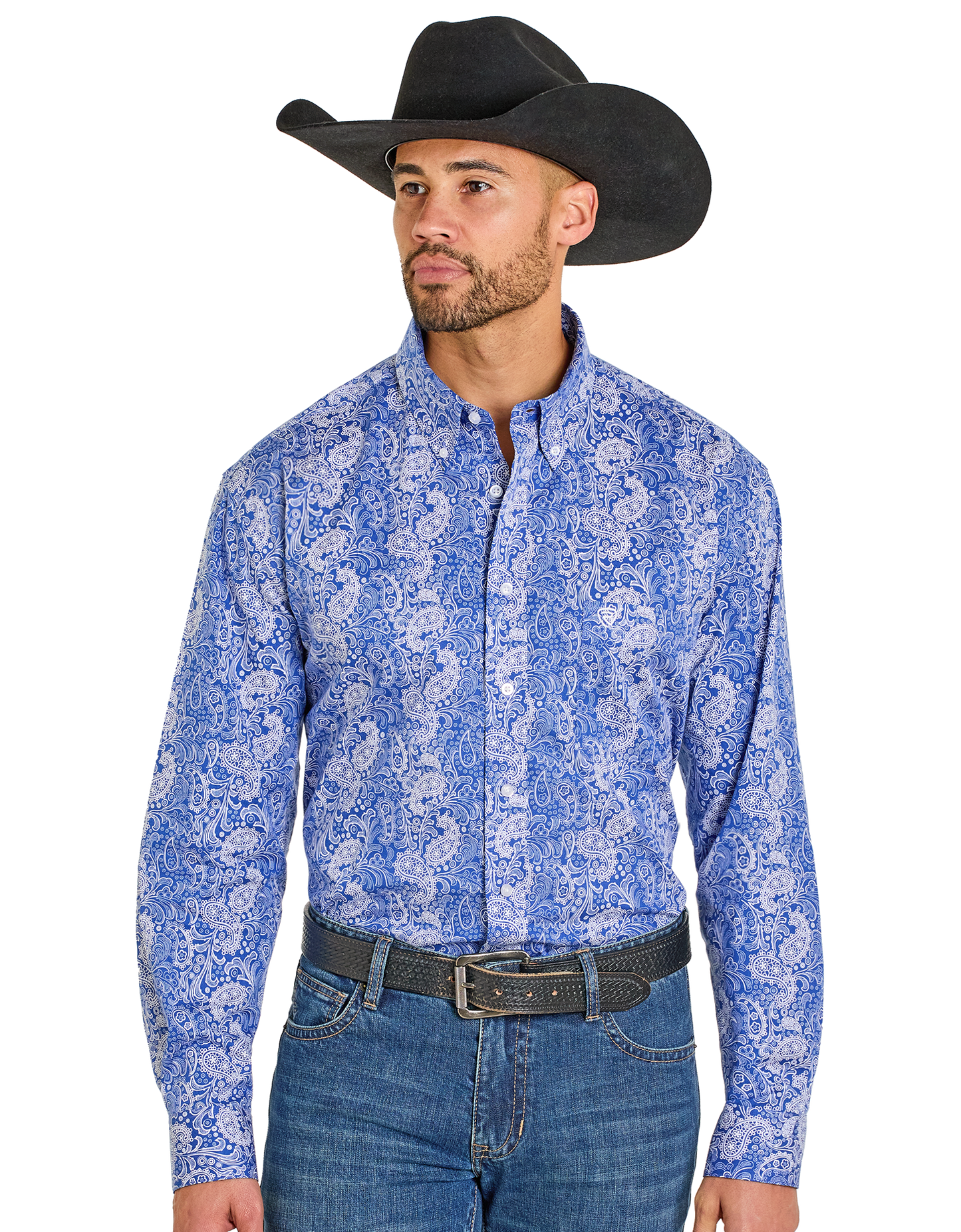 Man wearing a blue patterned shirt, black belt, and cowboy hat on a white background
