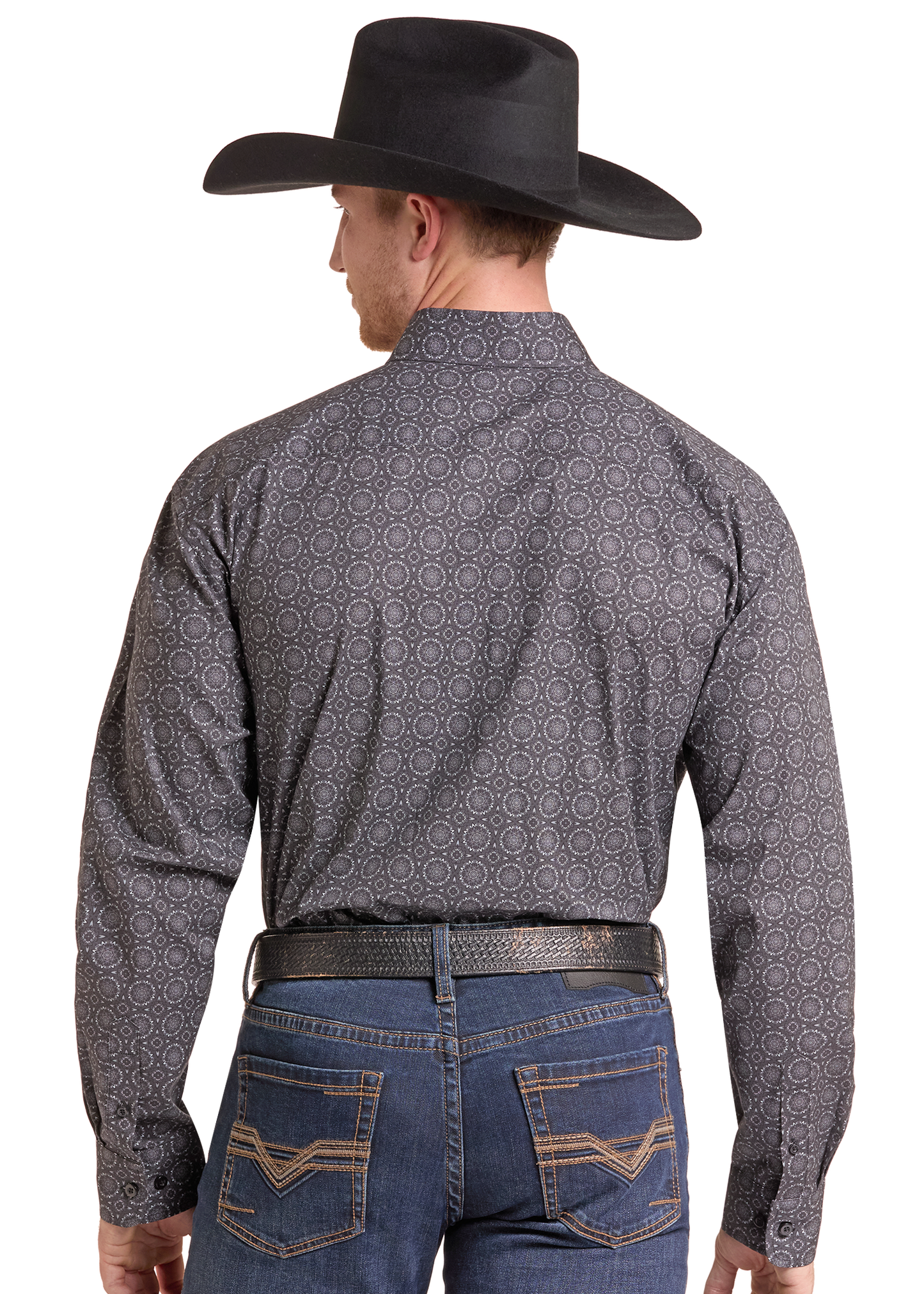A man shown from the back wearing a black cowboy hat, a dark gray long-sleeve button-up shirt with a subtle circular geometric pattern, a black leather belt, and blue jeans against a plain white background.