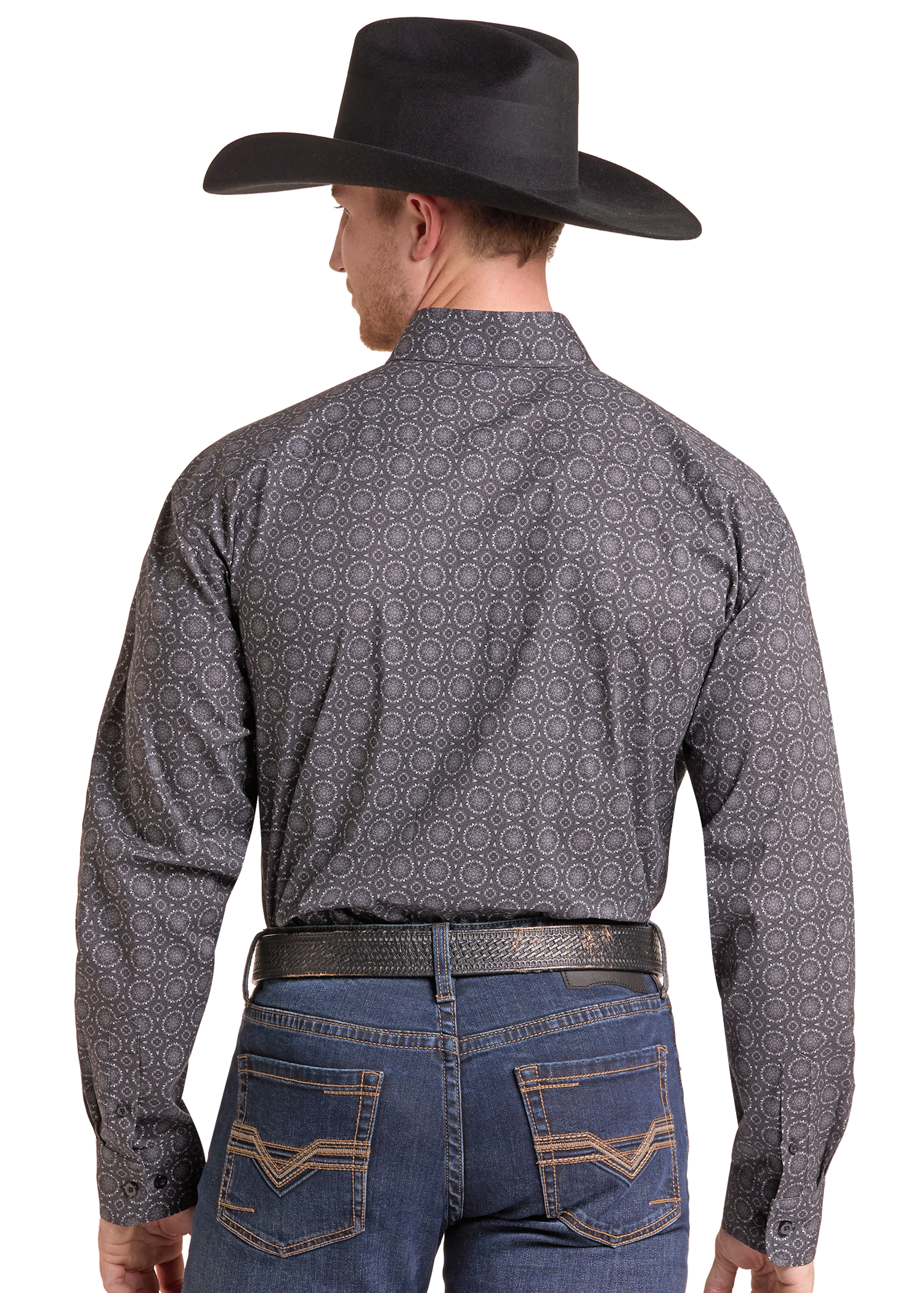 A man shown from the back wearing a black cowboy hat, a dark gray long-sleeve button-up shirt with a subtle circular geometric pattern, a black leather belt, and blue jeans against a plain white background.