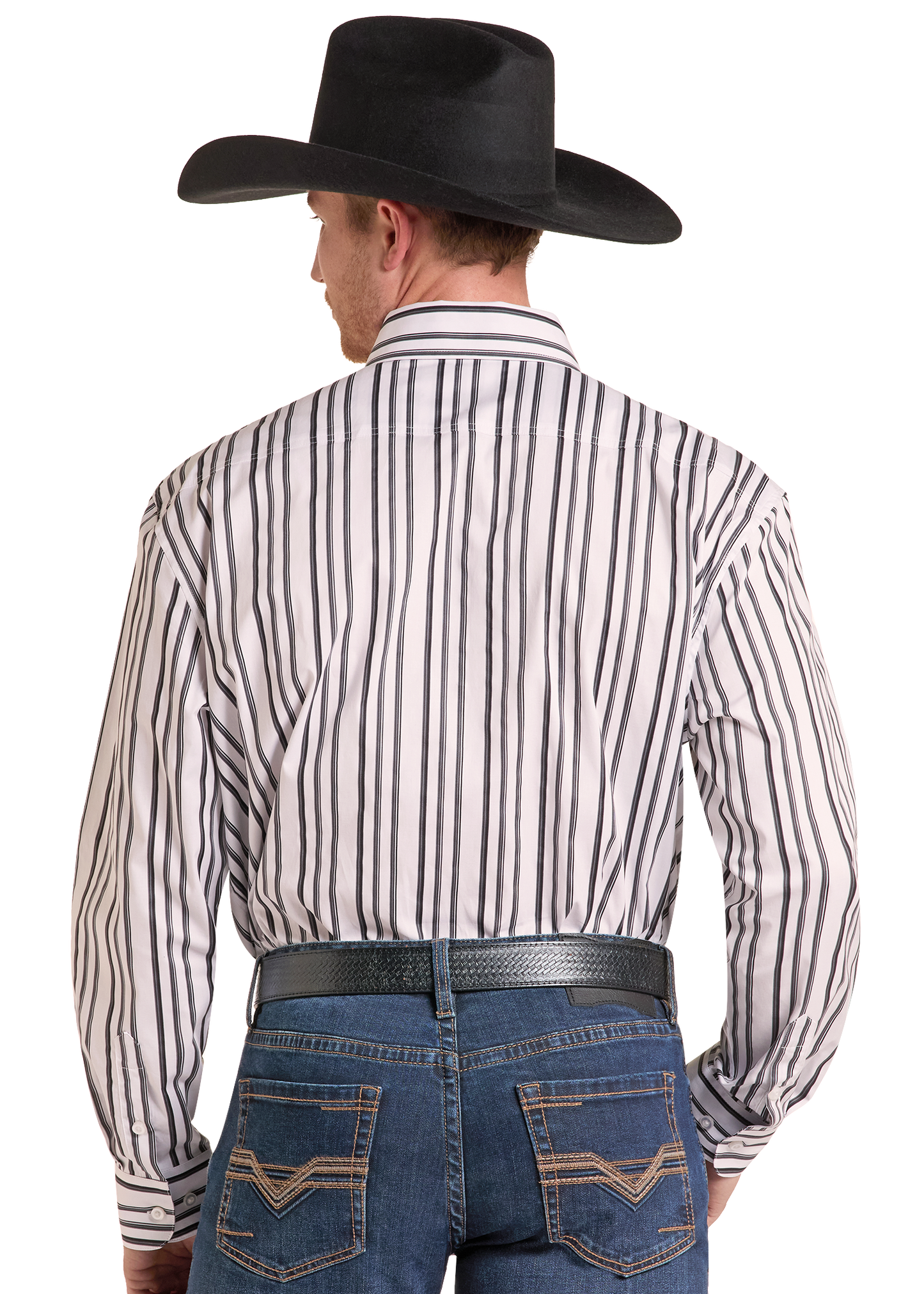 Rear view of a man wearing a black cowboy hat, a white long-sleeve button-up shirt with thin vertical black stripes, and blue jeans against a plain white background.