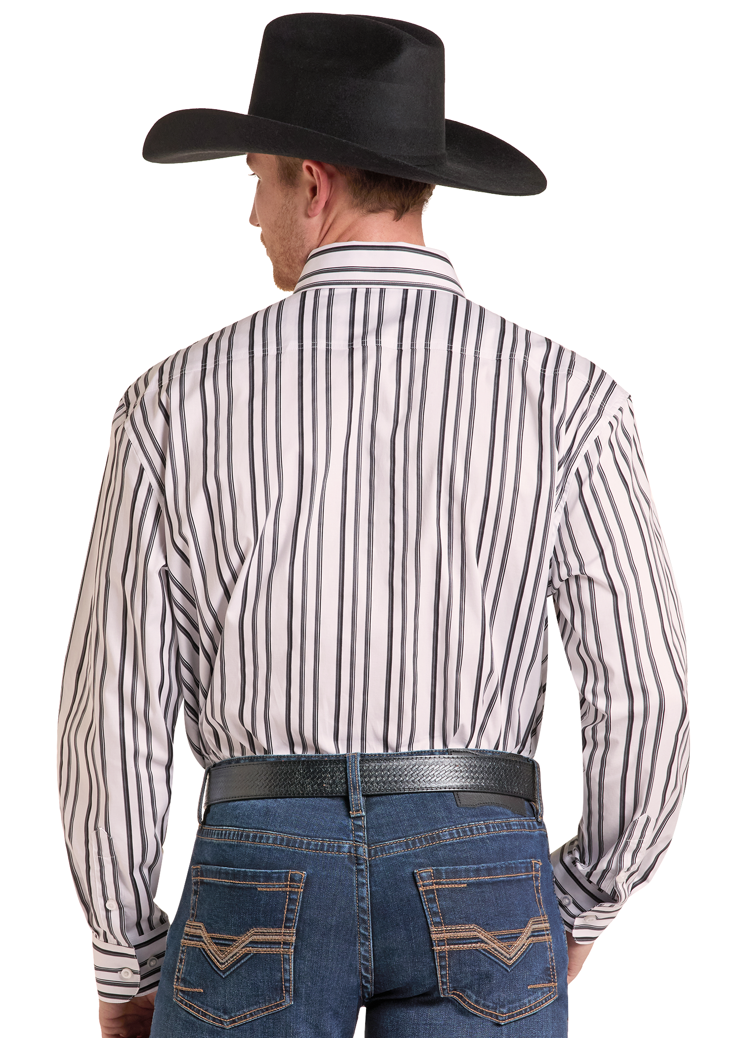 Rear view of a man wearing a black cowboy hat, a white long-sleeve button-up shirt with thin vertical black stripes, and blue jeans against a plain white background.