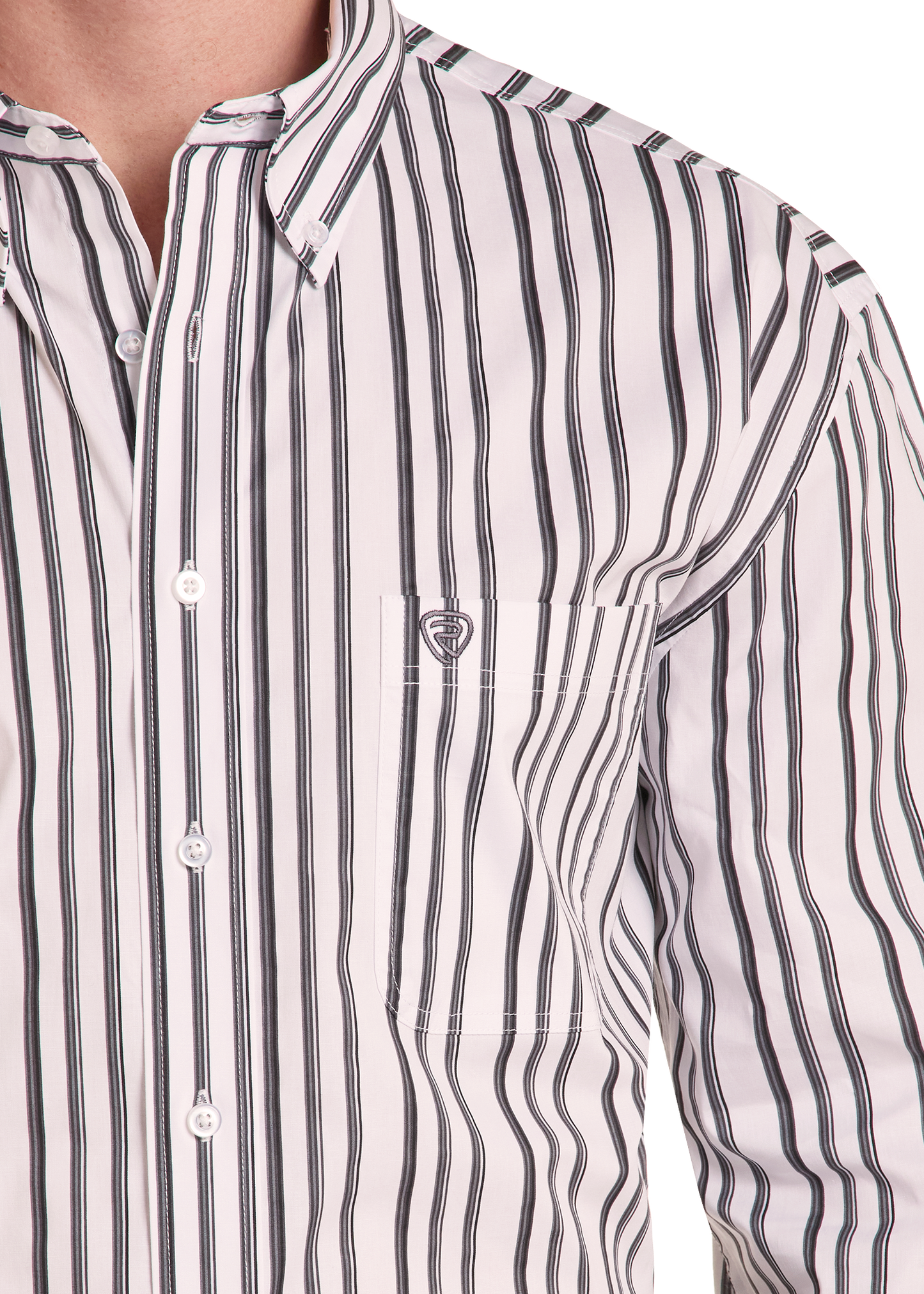 Close-up of a men's long-sleeve button-up shirt with vertical black and gray stripes on a white base, featuring a chest pocket with a small shield logo.