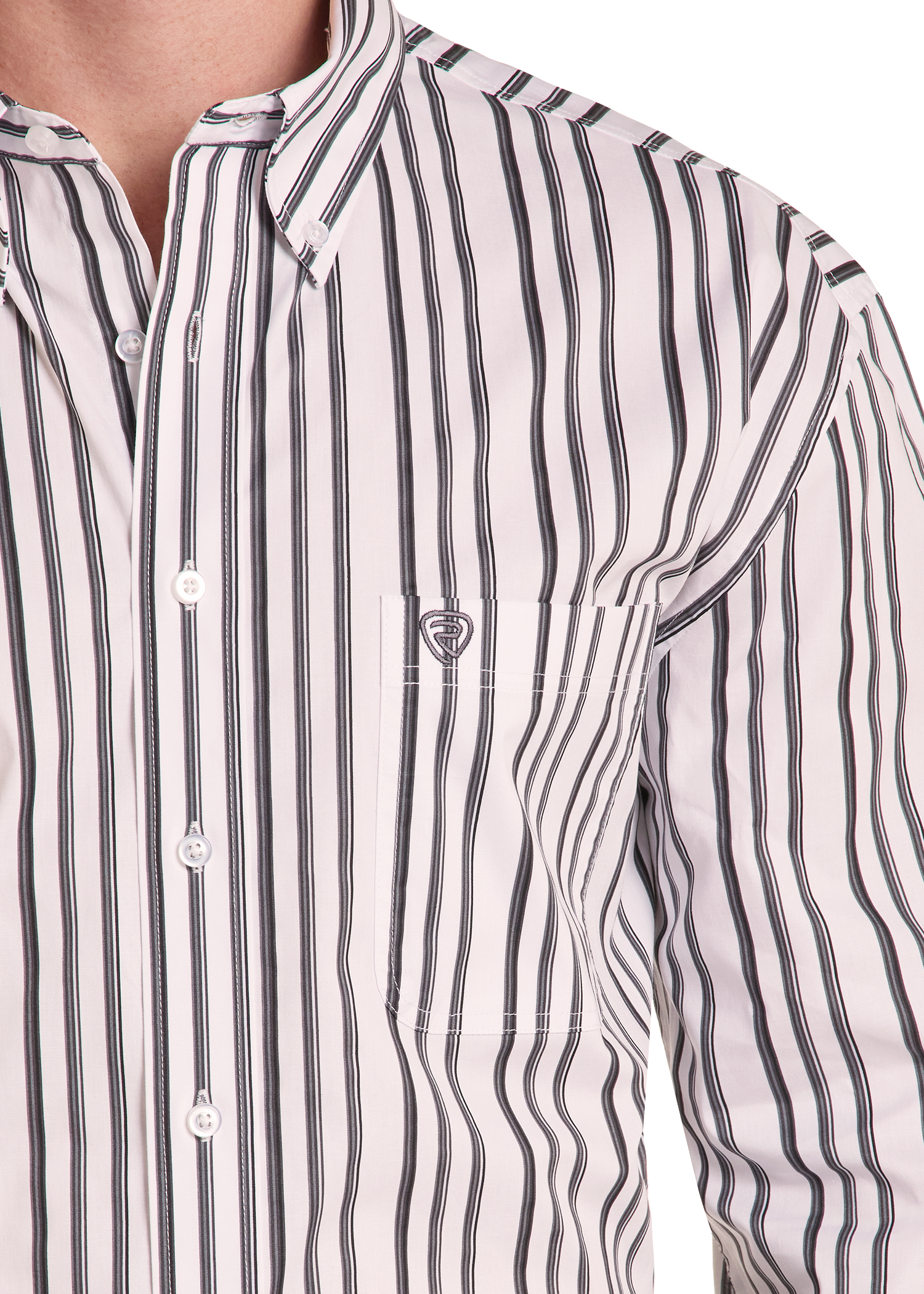 Close-up of a men's long-sleeve button-up shirt with vertical black and gray stripes on a white base, featuring a chest pocket with a small shield logo.