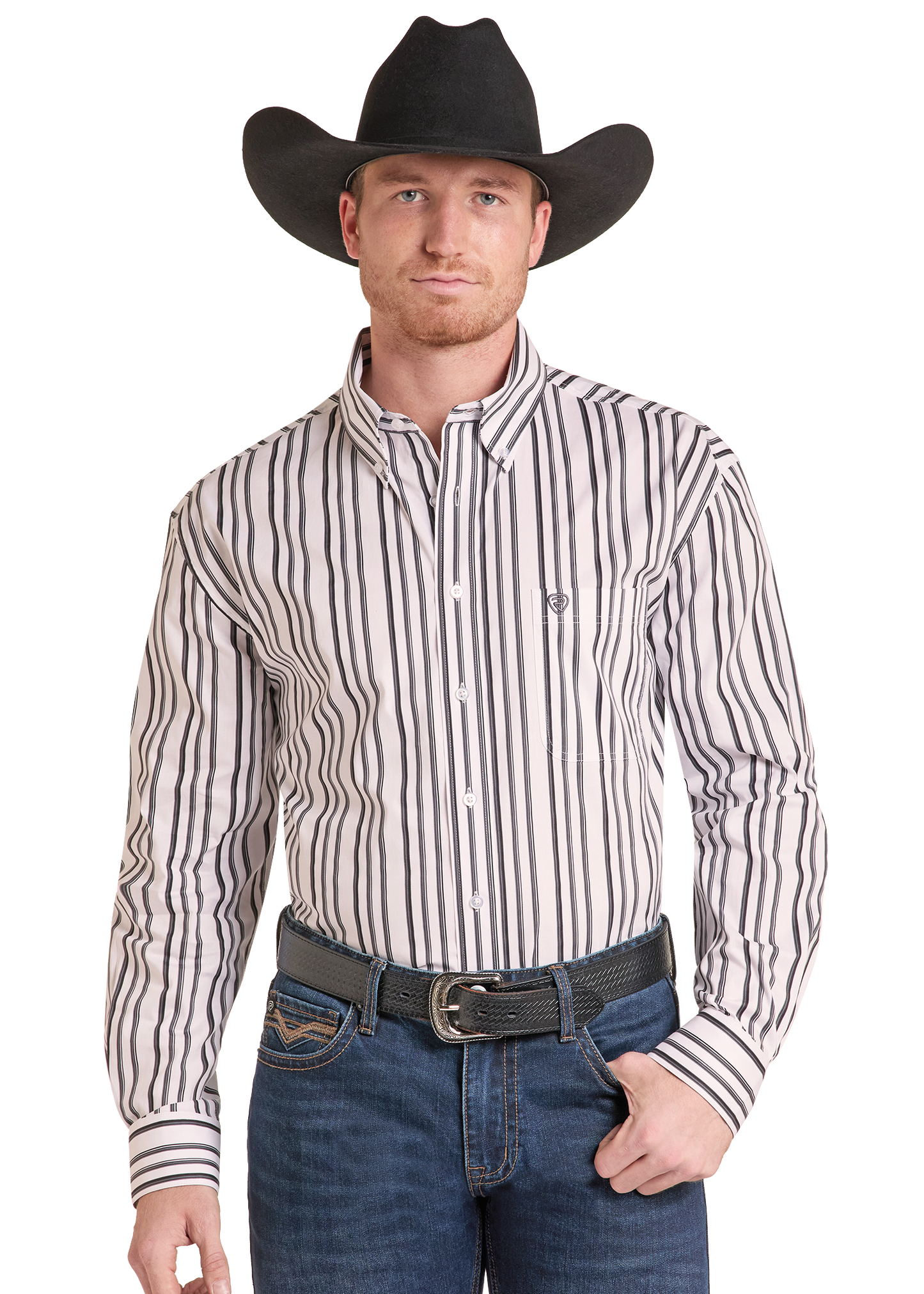 A man wearing a black cowboy hat, a long-sleeve button-down shirt with vertical black and beige stripes, and blue jeans, photographed against a plain white background.