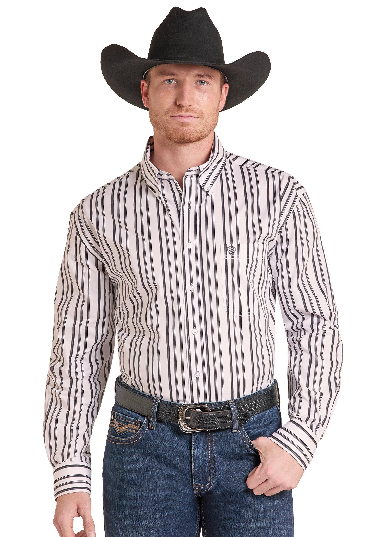 A man wearing a black cowboy hat, a long-sleeve button-down shirt with vertical black and beige stripes, and blue jeans, photographed against a plain white background.
