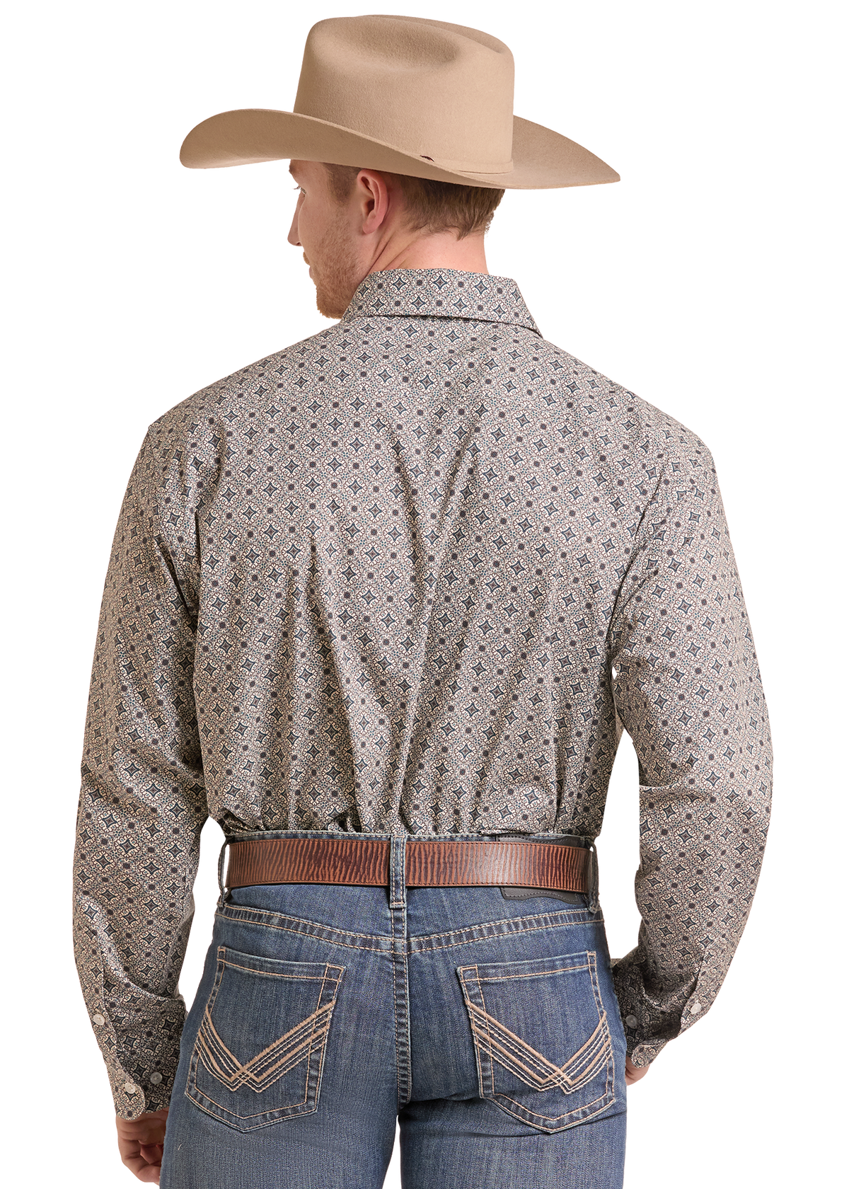 A man shown from the back wearing a tan cowboy hat, a light gray long-sleeve western shirt with a small repeating dark geometric pattern, a brown belt, and blue jeans against a plain white background.