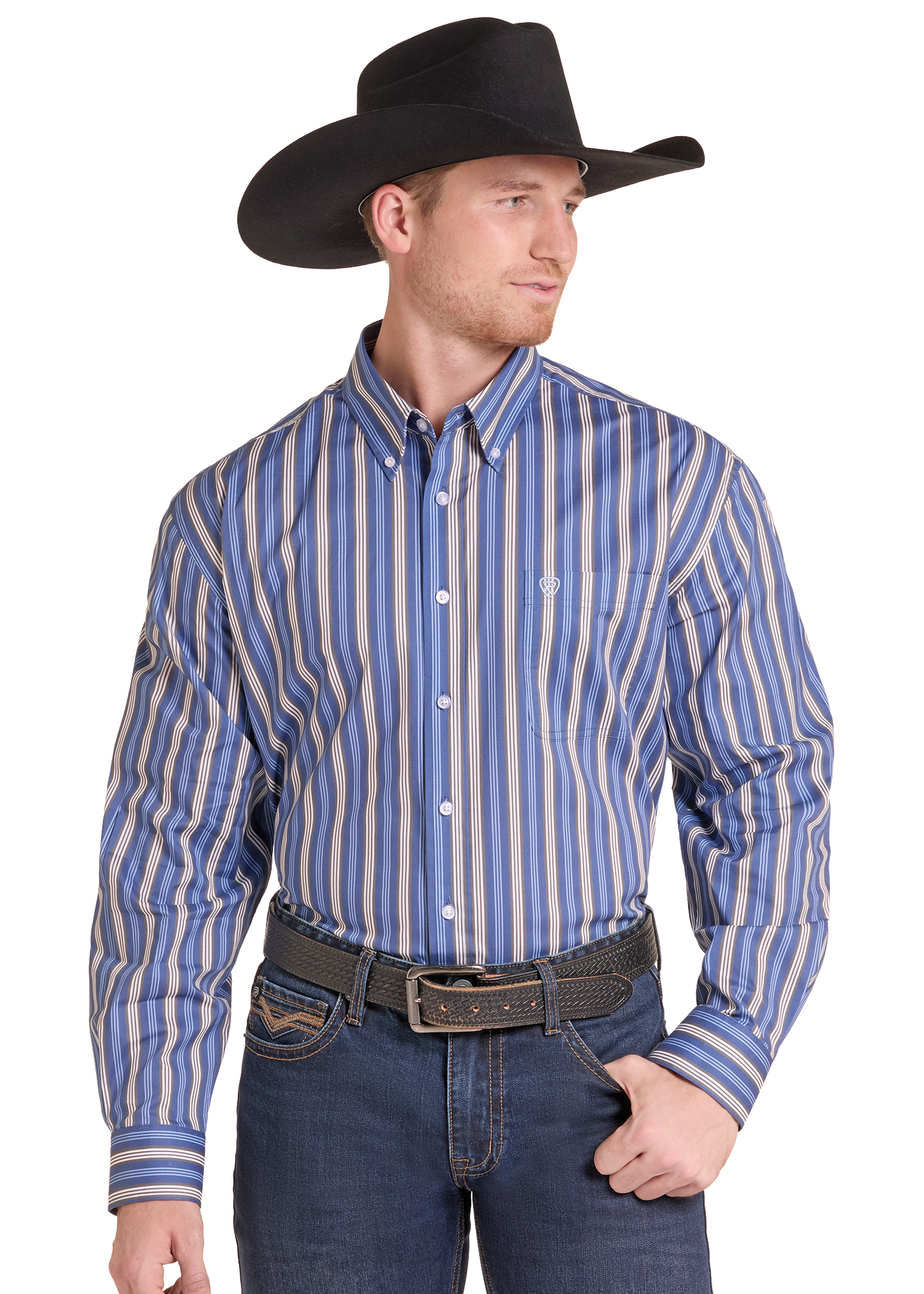 A man wearing a blue and beige vertically striped long-sleeve western shirt, dark blue jeans, a brown belt, and a black cowboy hat, photographed against a plain white background.