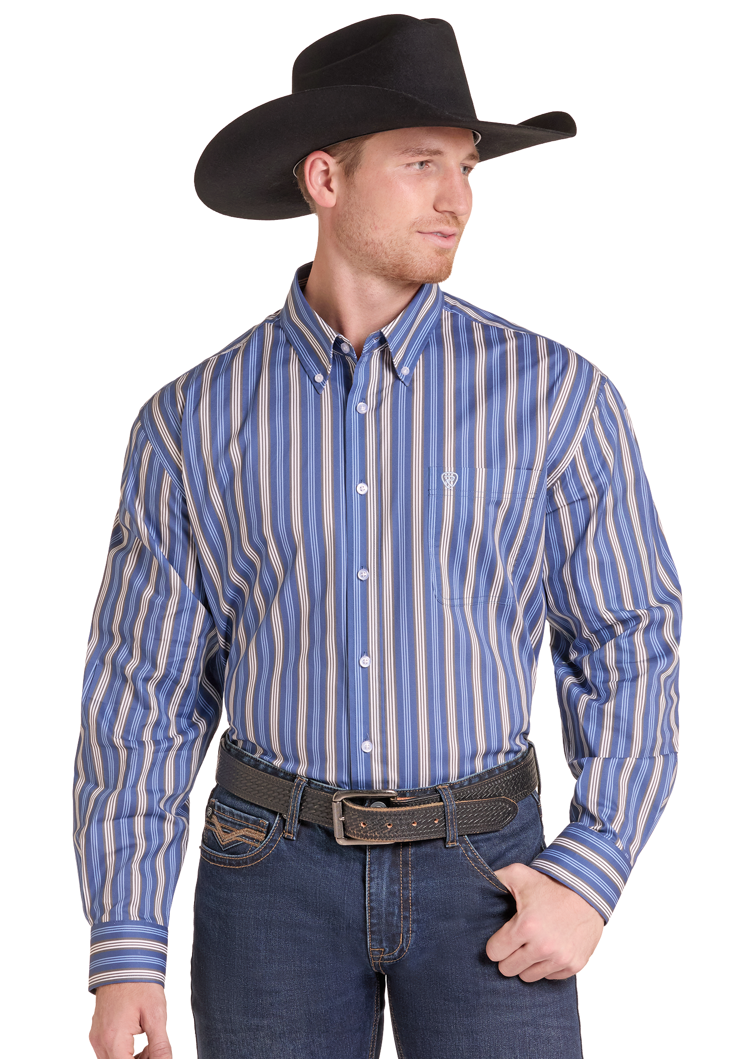A man wearing a blue and beige vertically striped long-sleeve western shirt, dark blue jeans, a brown belt, and a black cowboy hat, photographed against a plain white background.