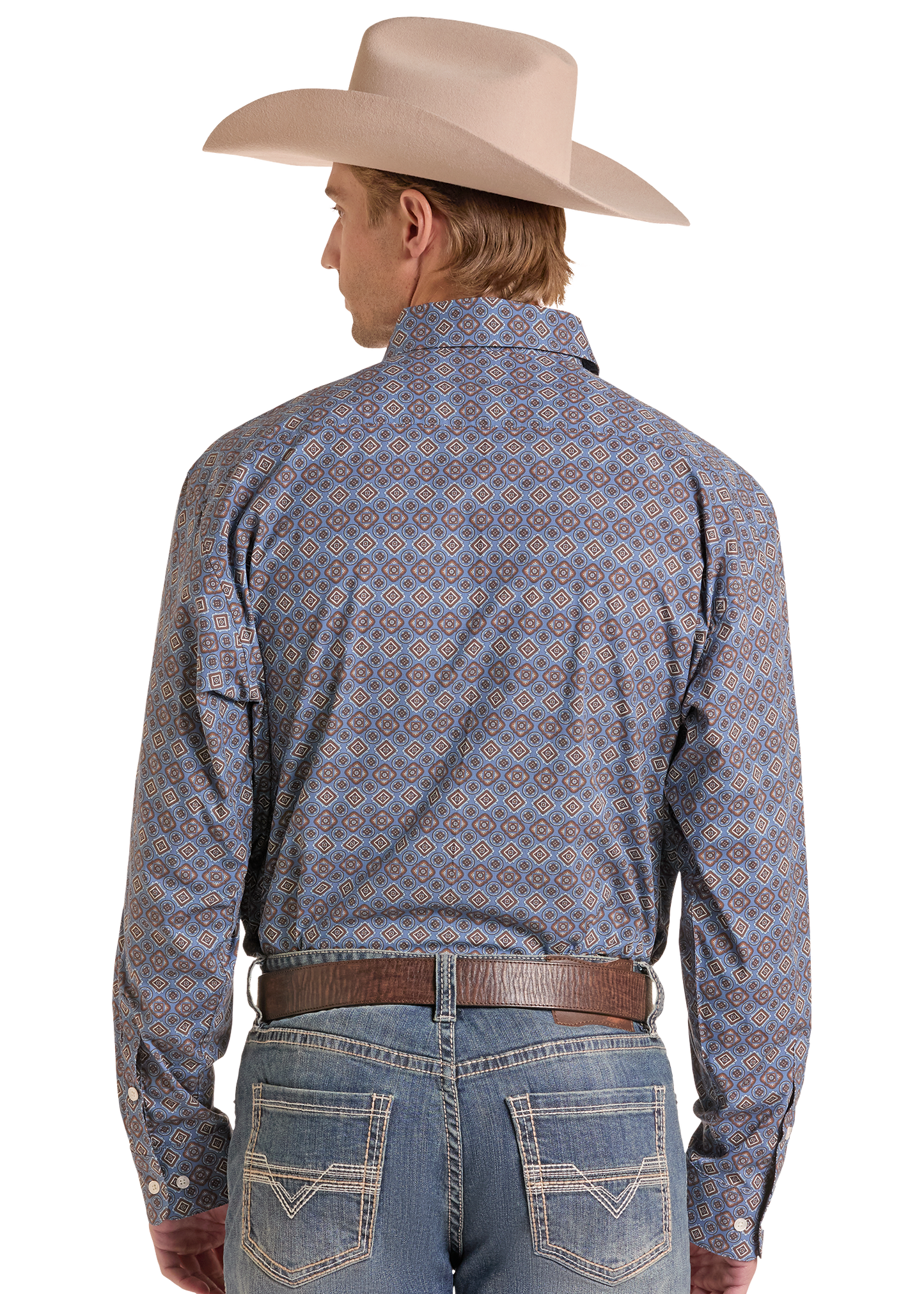 A man wearing a beige cowboy hat, a blue and red patterned long-sleeve western shirt, and blue jeans, shown from the back against a white background.