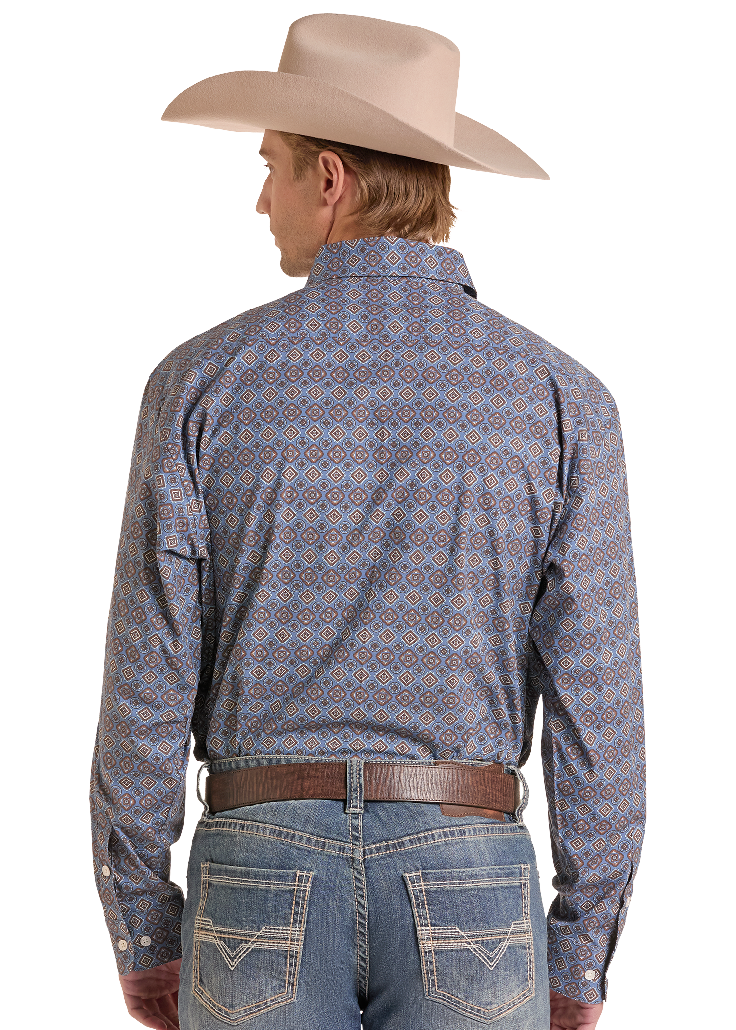 A man wearing a beige cowboy hat, a blue and red patterned long-sleeve western shirt, and blue jeans, shown from the back against a white background.