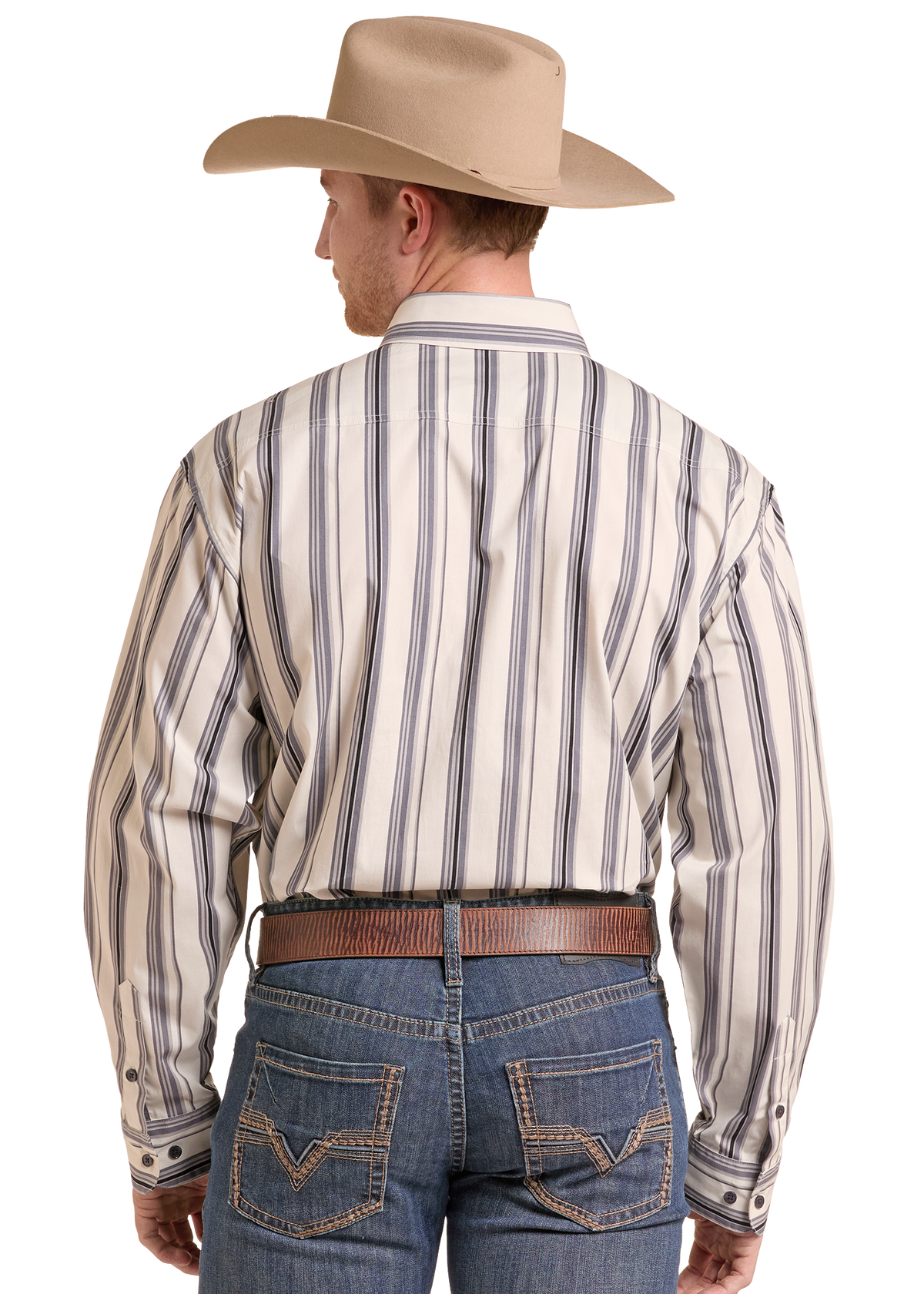 A man shown from the back wearing a beige cowboy hat, a cream long-sleeve button-down shirt with vertical navy stripes, a brown leather belt, and blue jeans against a plain white background.