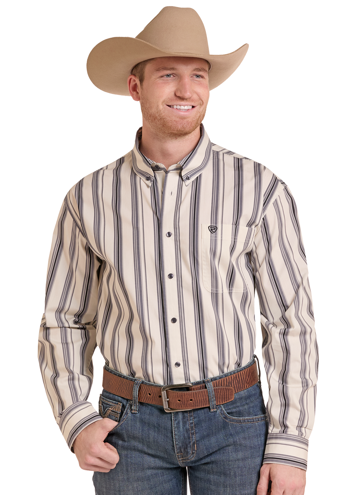 A man wearing a beige cowboy hat, a cream and gray vertically striped western long-sleeve button-down shirt, a brown textured belt, and blue jeans, photographed against a solid white background.