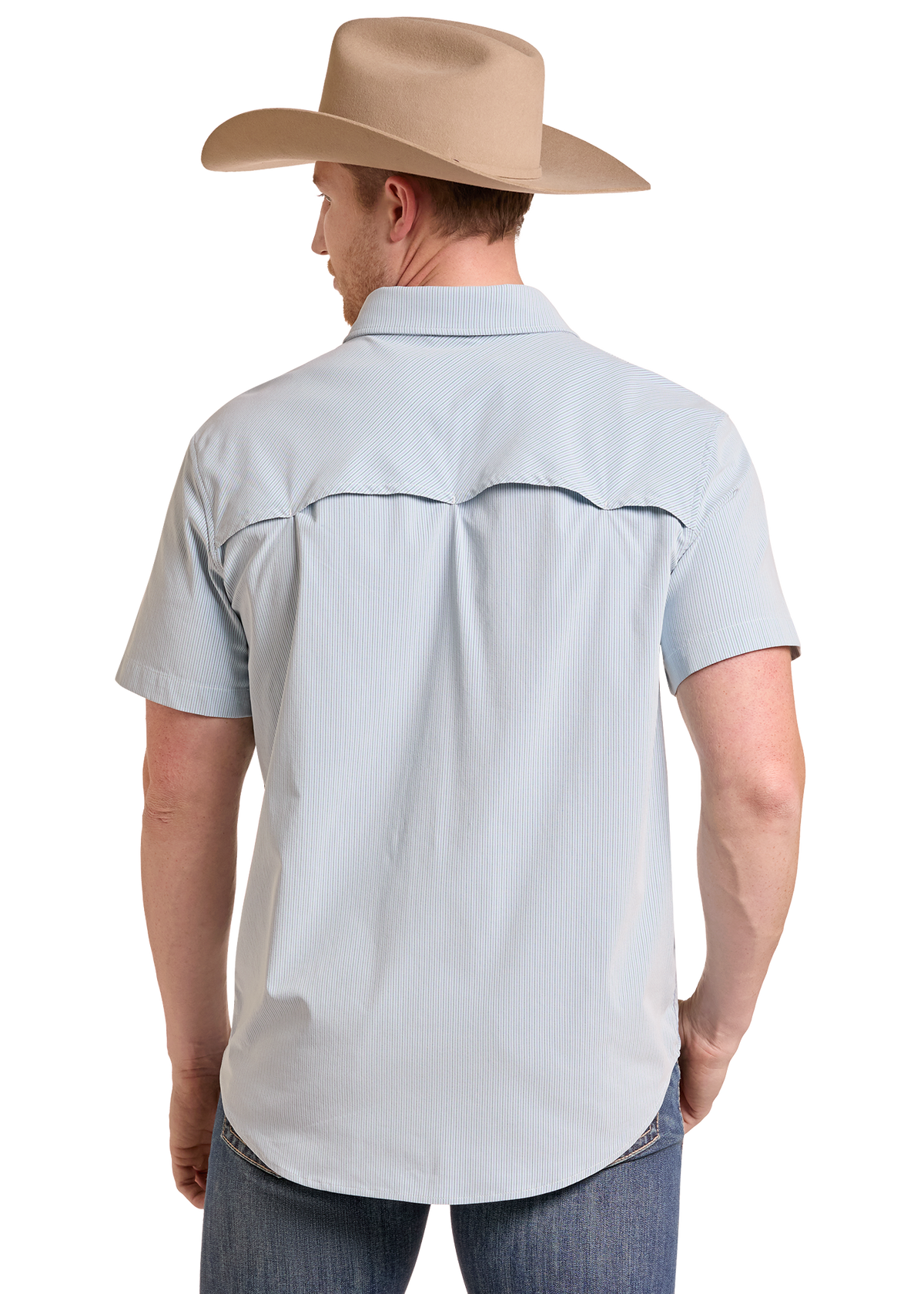 A man shown from the back wearing a light blue short-sleeve western shirt and a tan cowboy hat, photographed against a plain white background.
