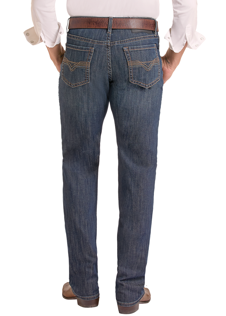 A man shown from the back wearing a white long-sleeve button-down shirt, dark blue jeans, a brown belt, and a black cowboy hat, isolated on a white background.