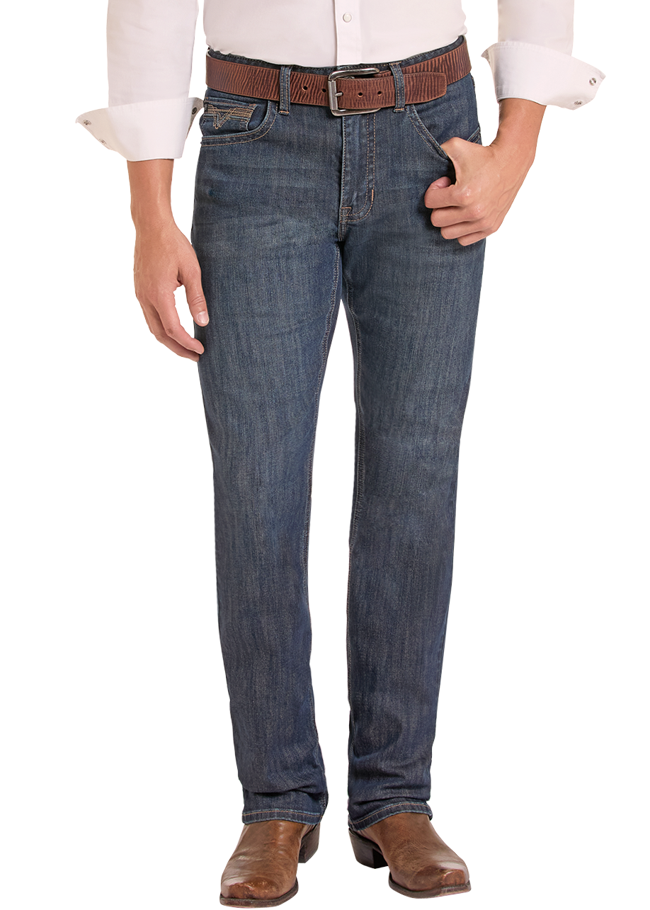 A man modeling a light pink western long-sleeve button-down shirt, dark blue jeans, a brown belt, and a black cowboy hat against a plain white background.