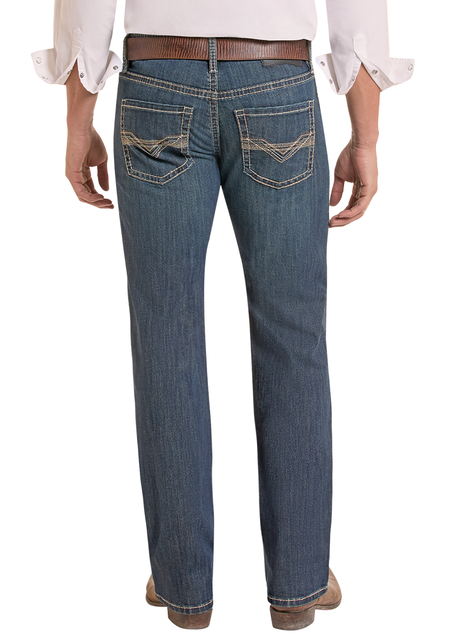Back of a man wearing dark wash jeans. 