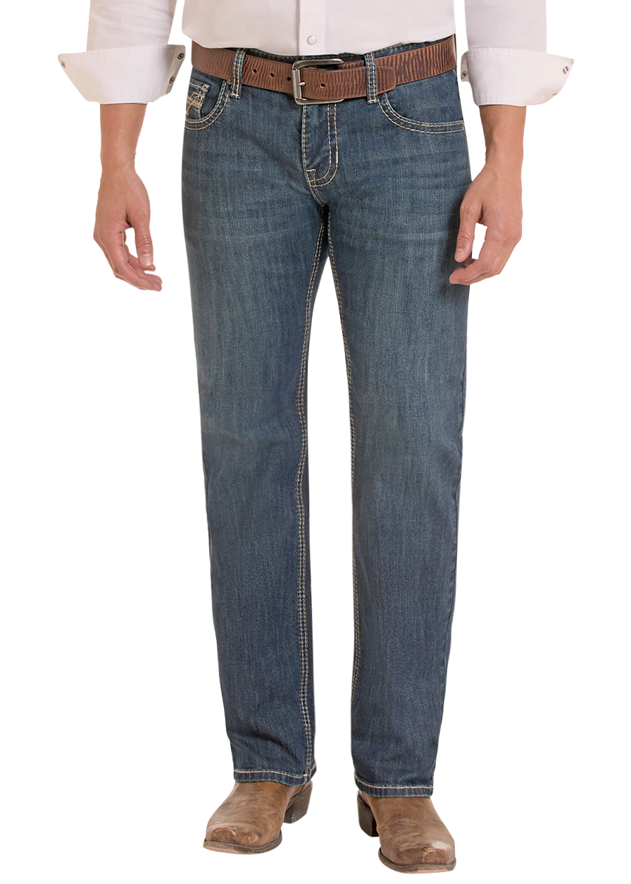 Man in dark wash tapered jeans. 