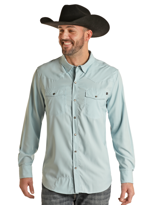 Men's TEK Western Stretch Aqua Long Sleeve Shirt | Rock & Roll Denim