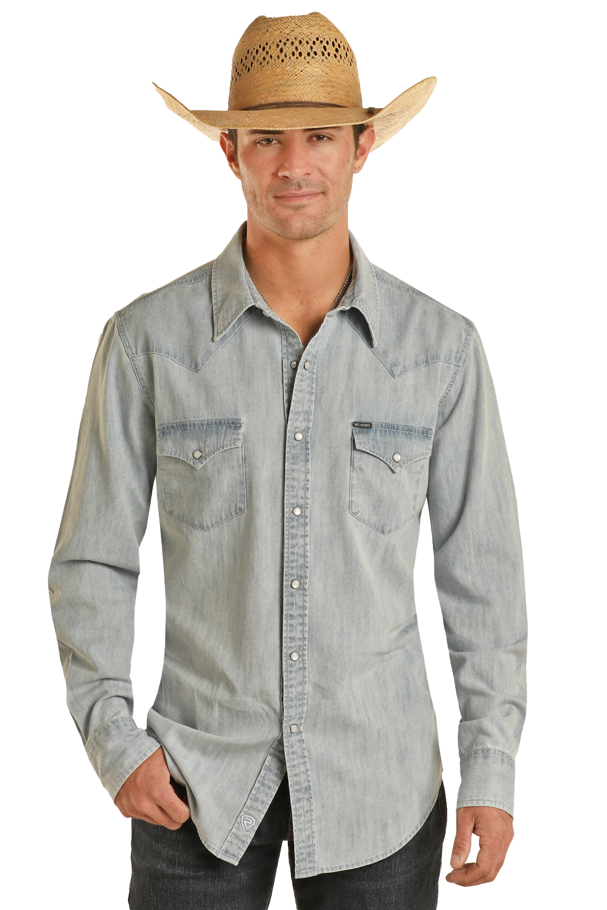 Slim Fit Light Wash Denim Snap Shirt