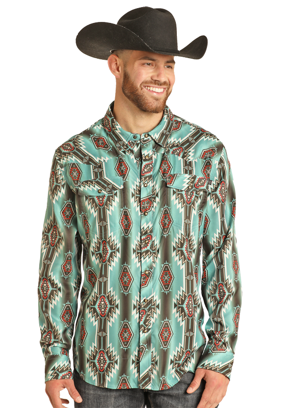 TEK Western Turquoise Aztec Long Sleeve Shirt