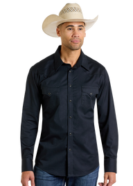 Slim Fit Black Twill Long Sleeve Snap Shirt