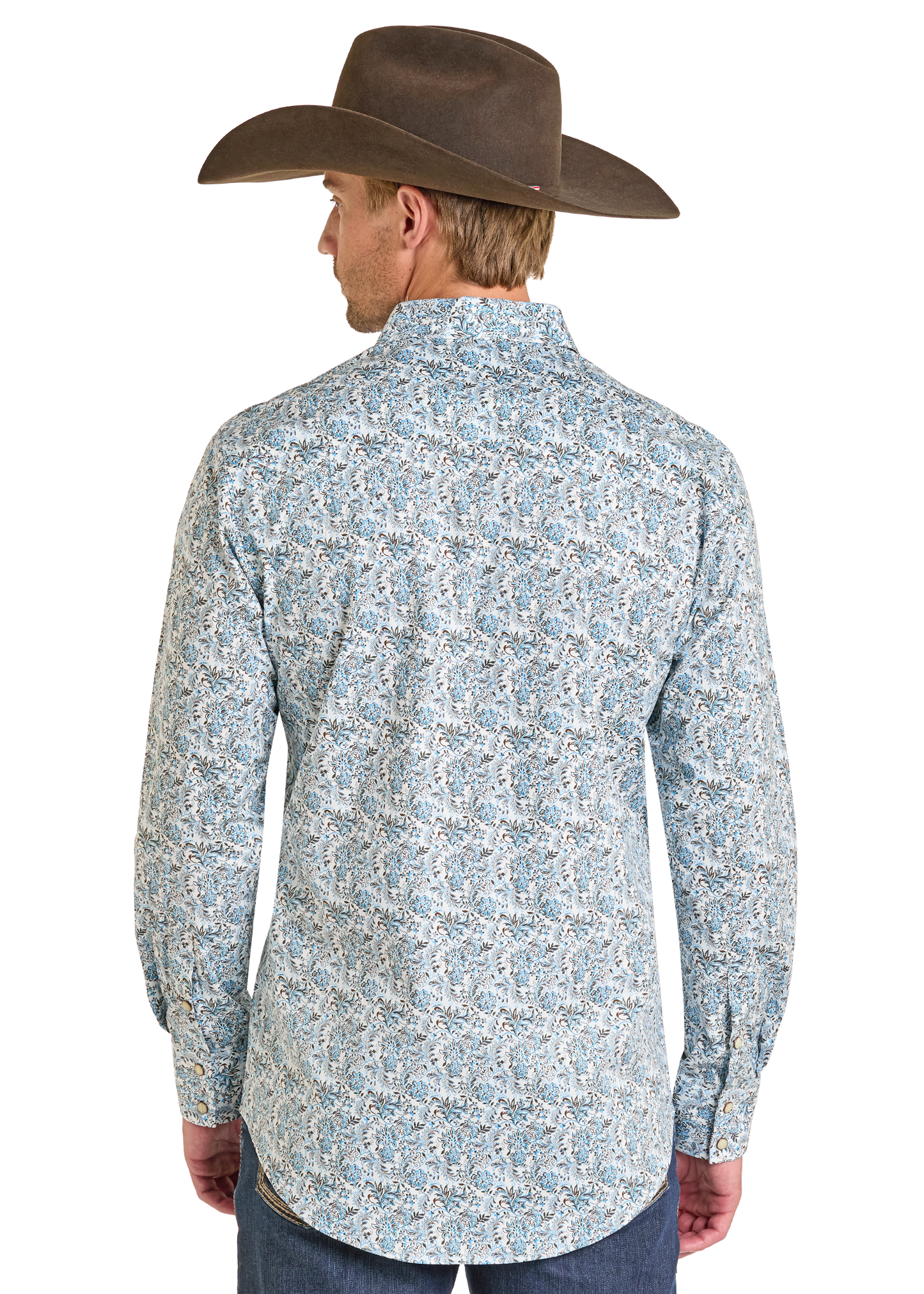 Man wearing a patterned shirt and cowboy hat on a white background