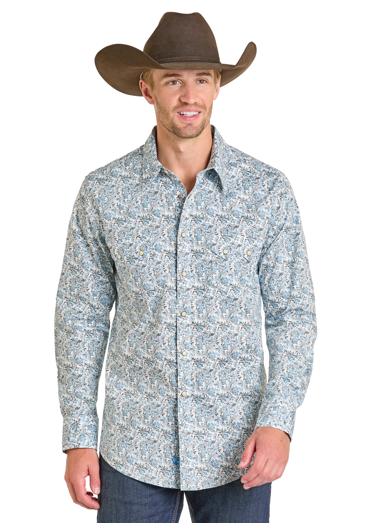 Man wearing a patterned shirt and cowboy hat on a white background