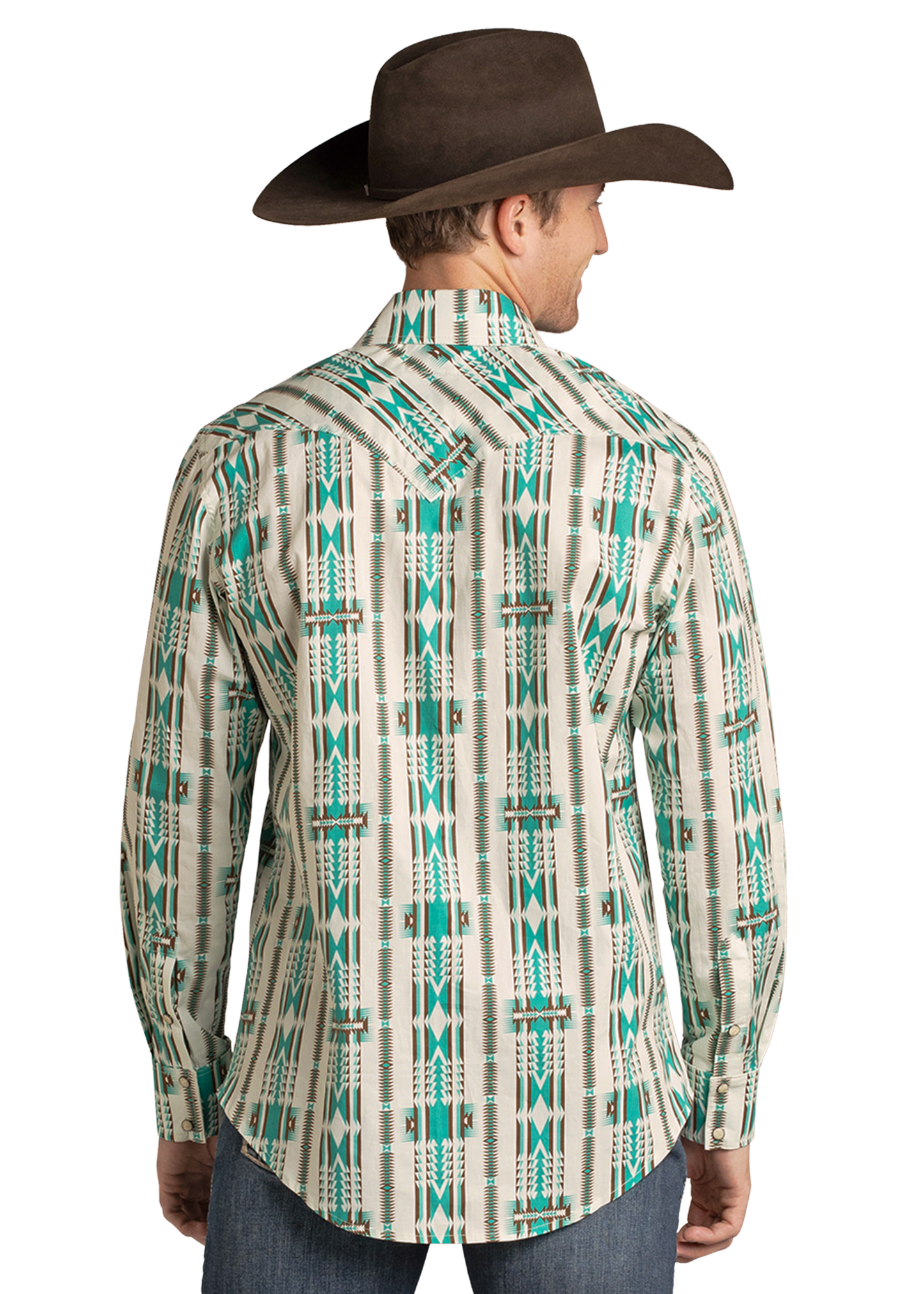 Back view of a man wearing a cowboy hat and an Aztec pearl snap shirt