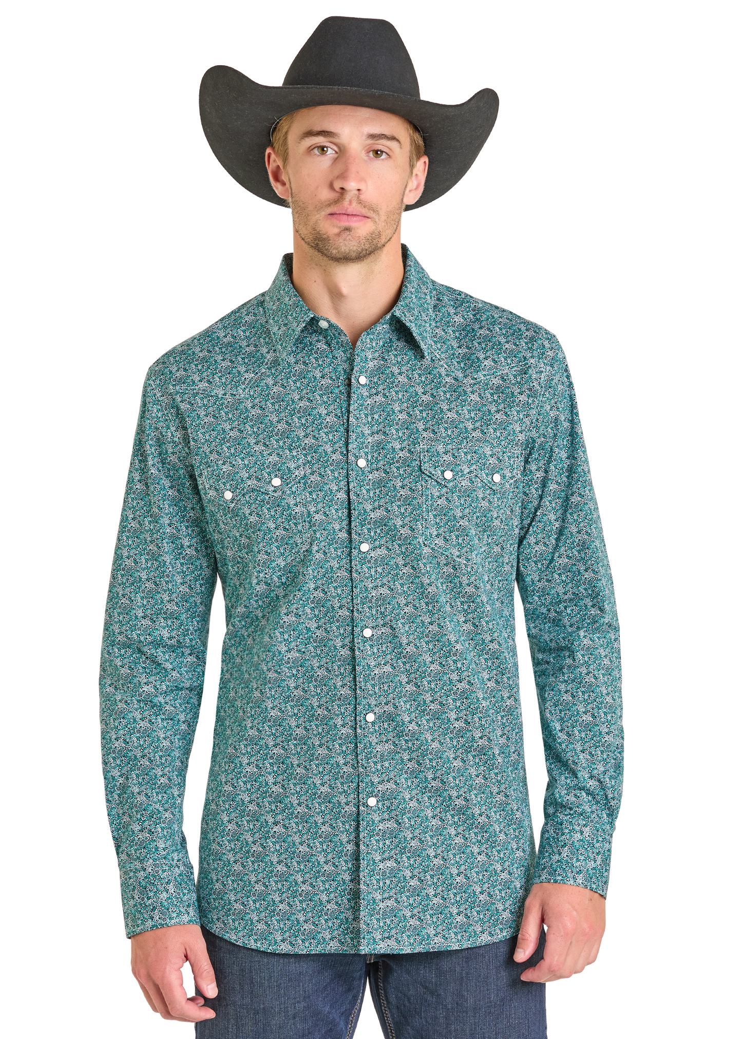 Men's Slim Fit Turquoise Floral Long Sleeve Snap Shirt Men's Slim Fit Turquoise Floral Long Sleeve Snap Shirt