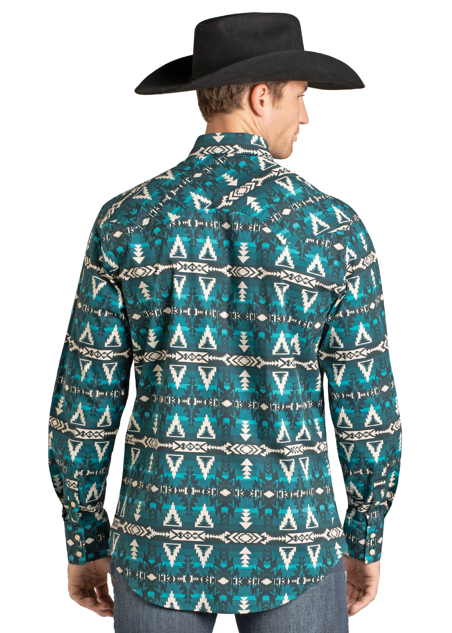Back of a man wearing a cowboy hat and an Aztec pearl snap shirt. 