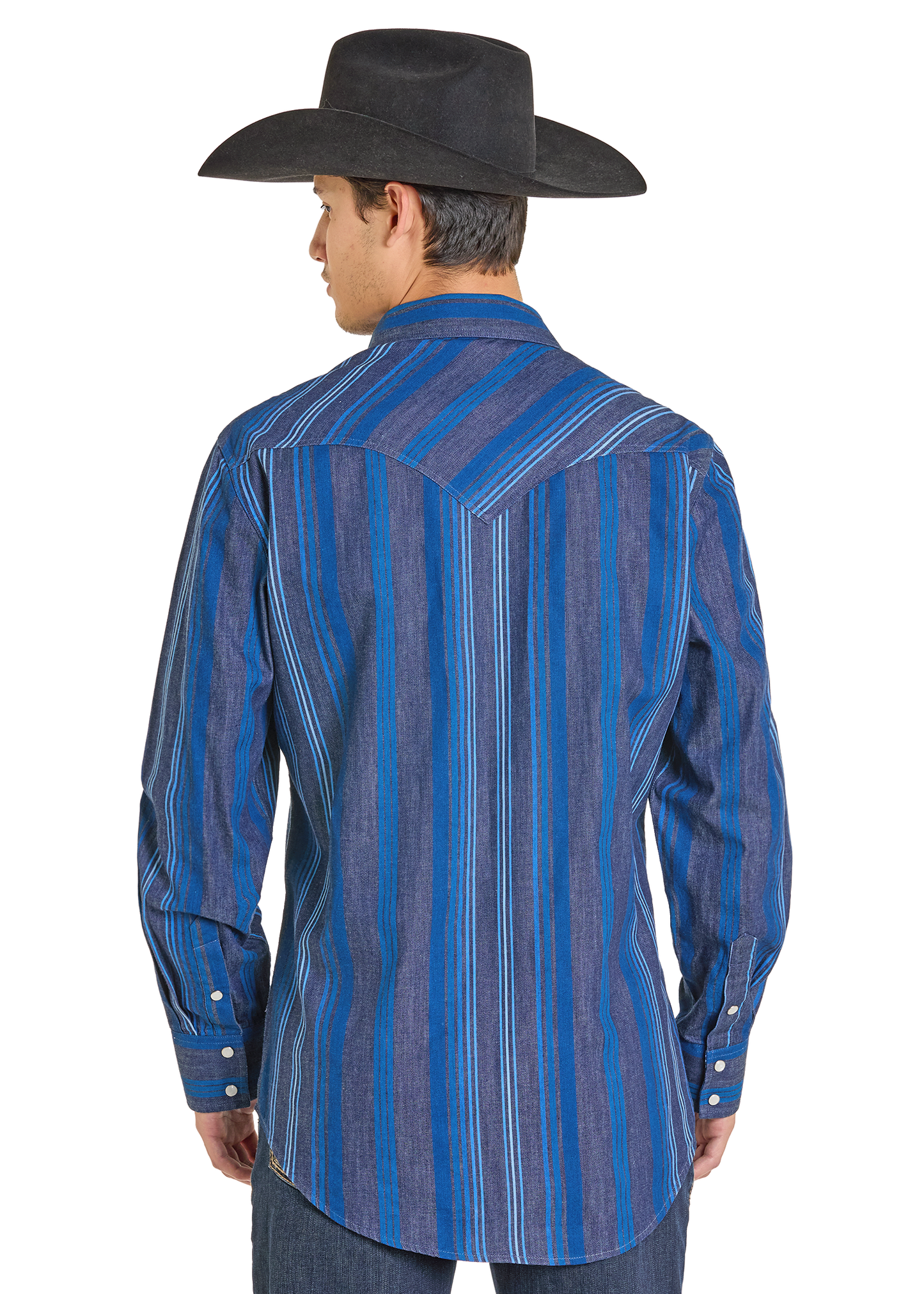 The back of a man wearing a cowboy hat and a striped pearl snap shirt. 