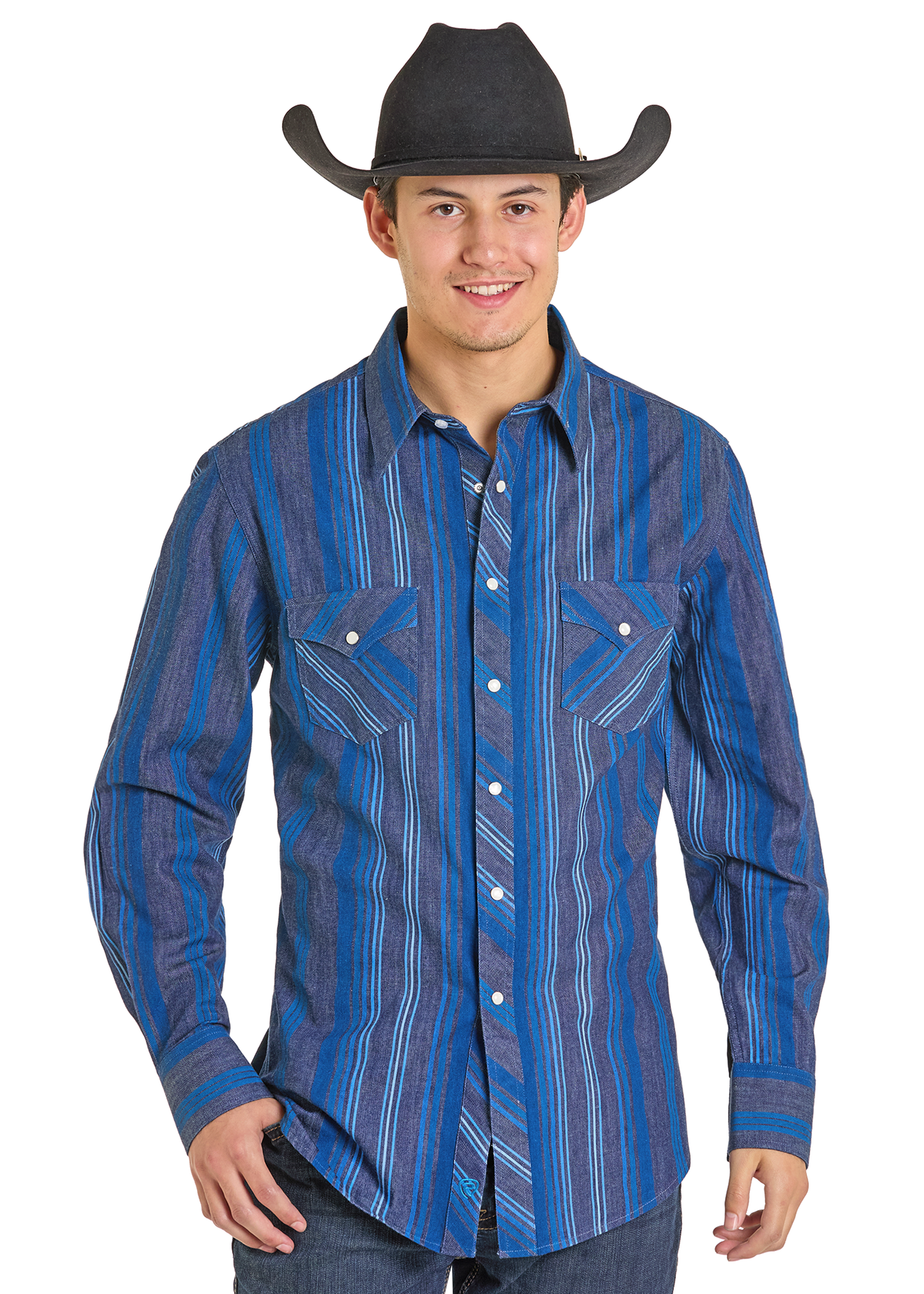Man wearing a cowboy hat and a striped pearl snap shirt. 
