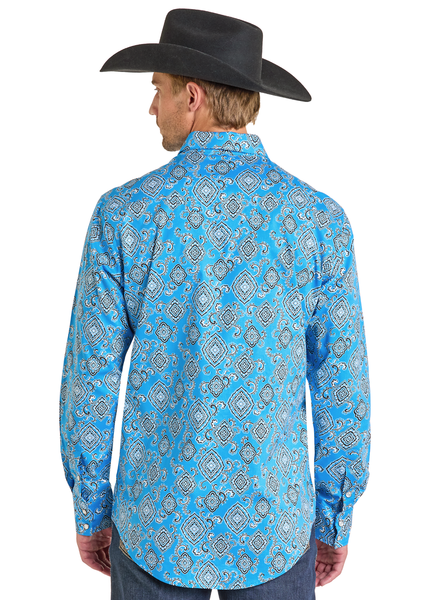 Back of a man wearing a cowboy hat and a turquoise pattern pearl snap shirt. 