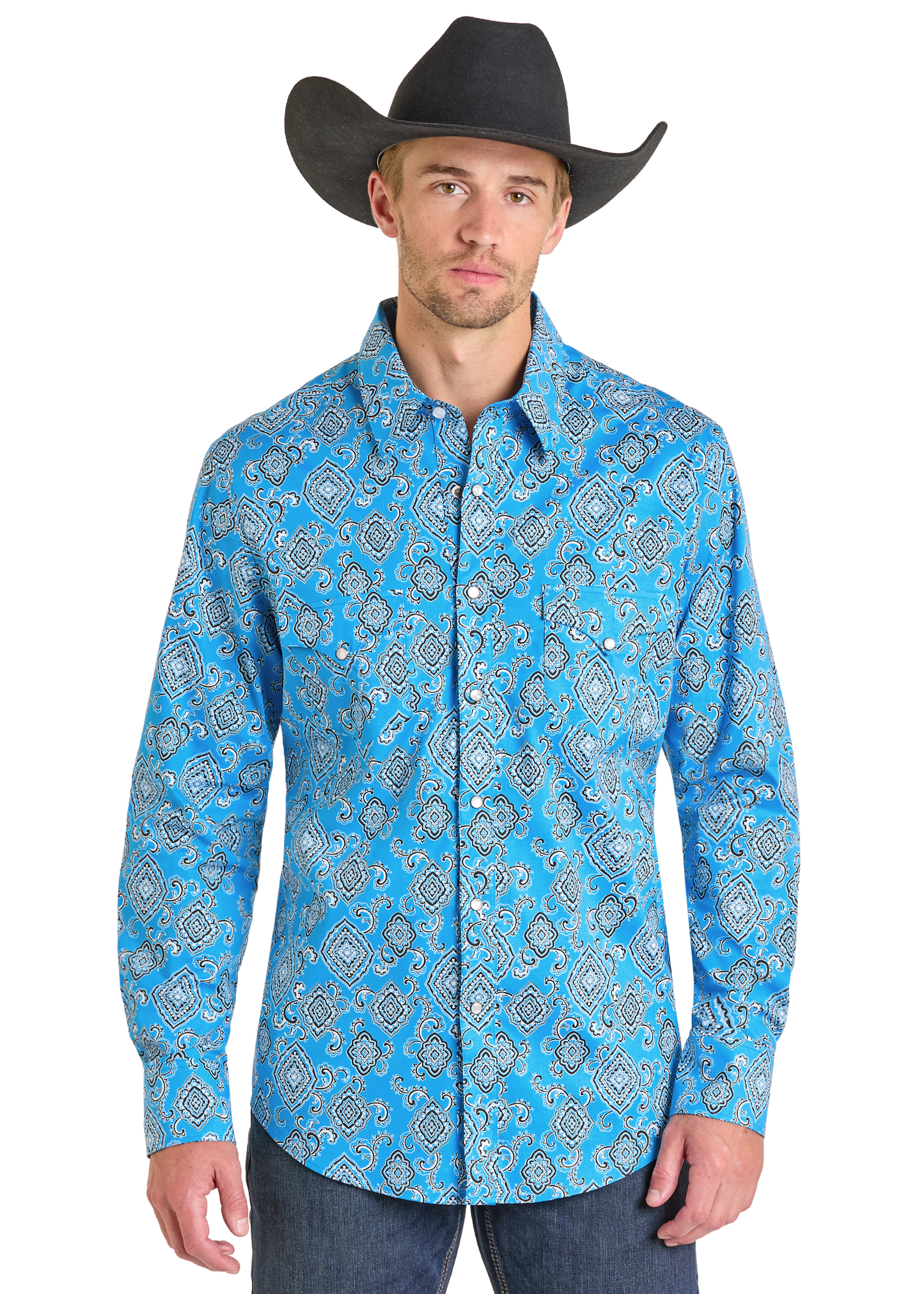 Man wearing a cowboy hat and a turquoise pattern pearl snap shirt. 