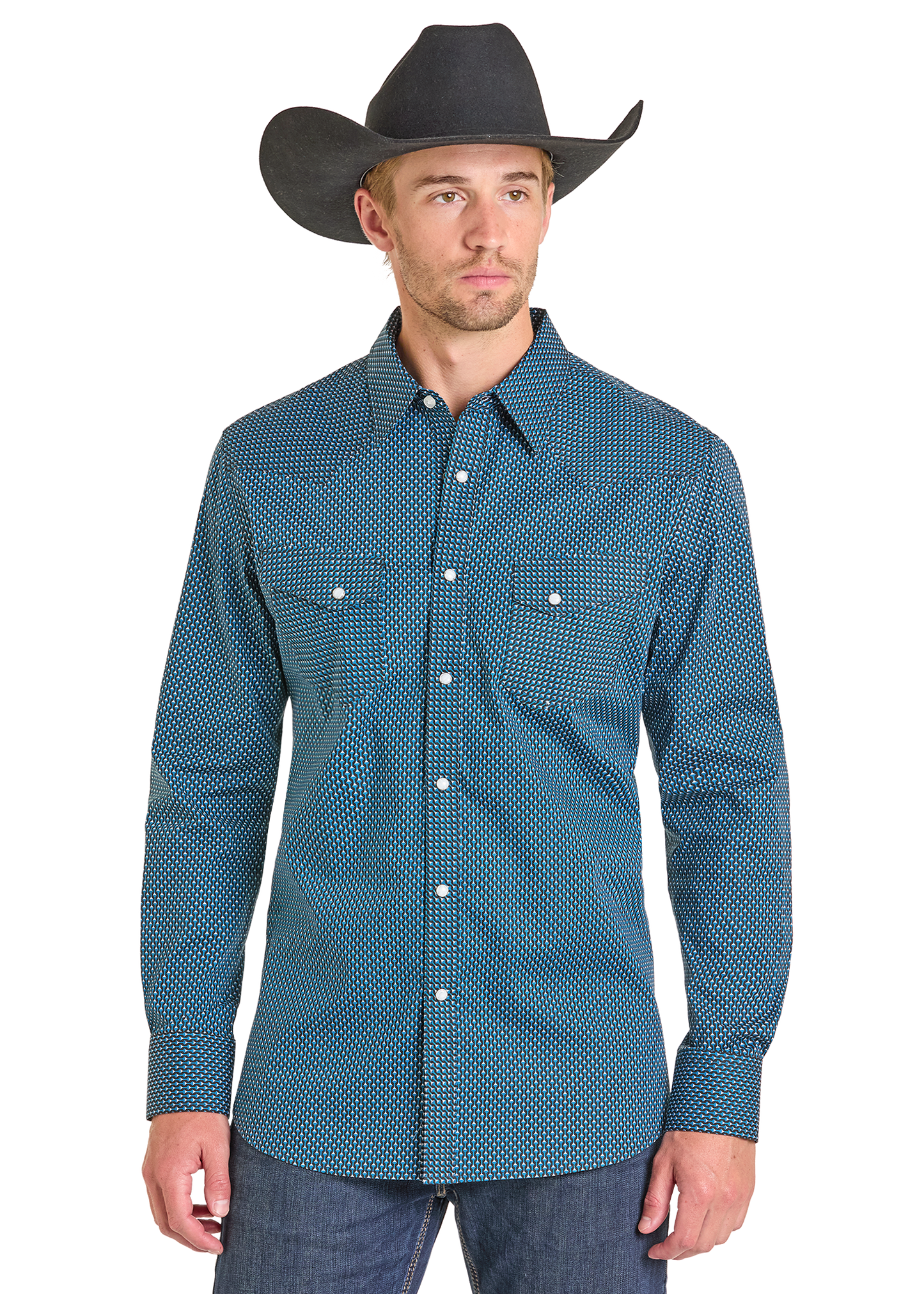 Man wearing cowboy hat and geometric pearl snap shirt.