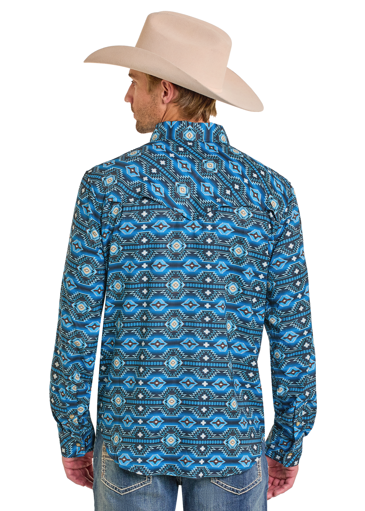 the back of man wearing a cowboy hat and an Aztec pearl snap shirt. 
