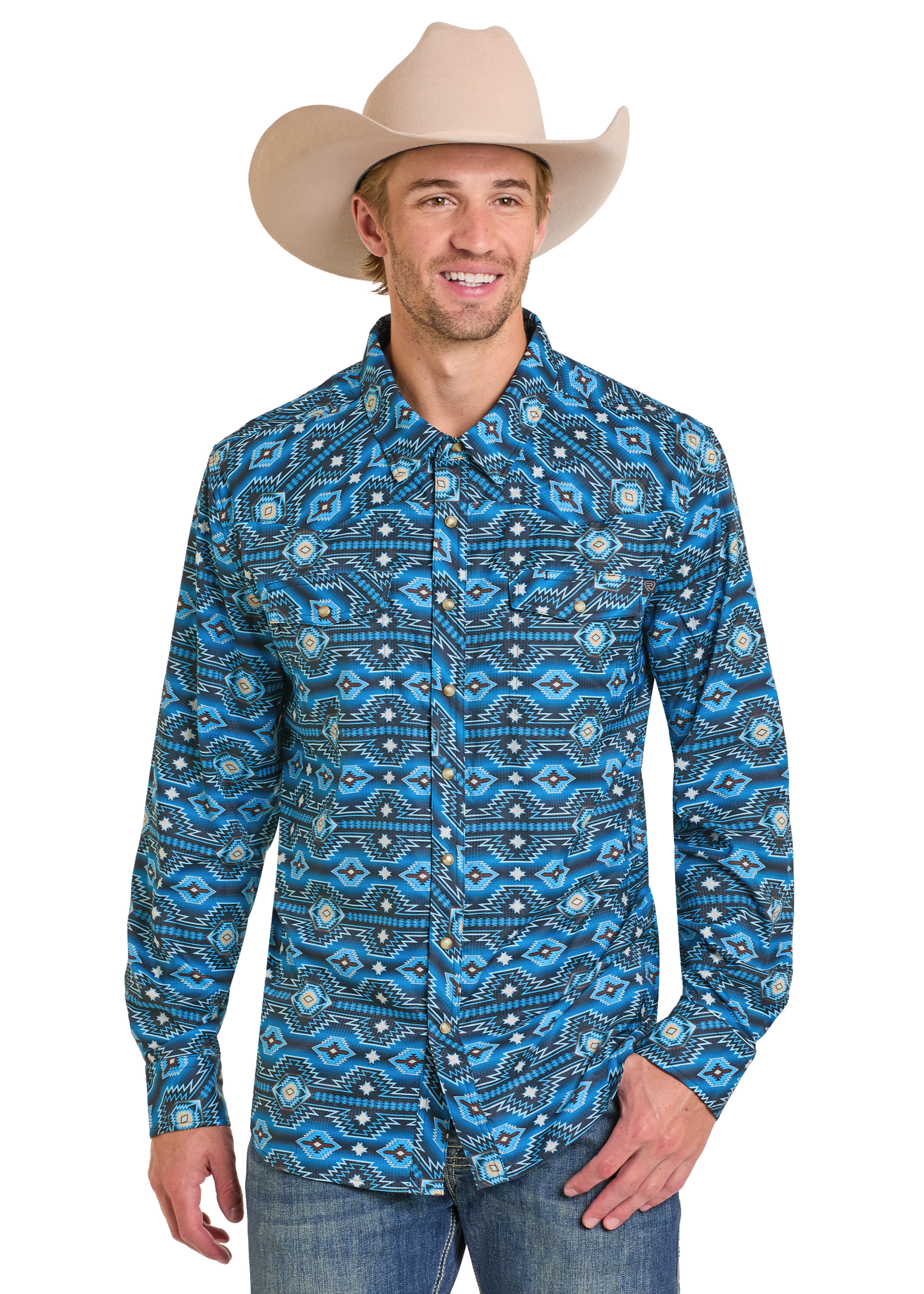Man wearing a cowboy hat and an Aztec pearl snap shirt. 