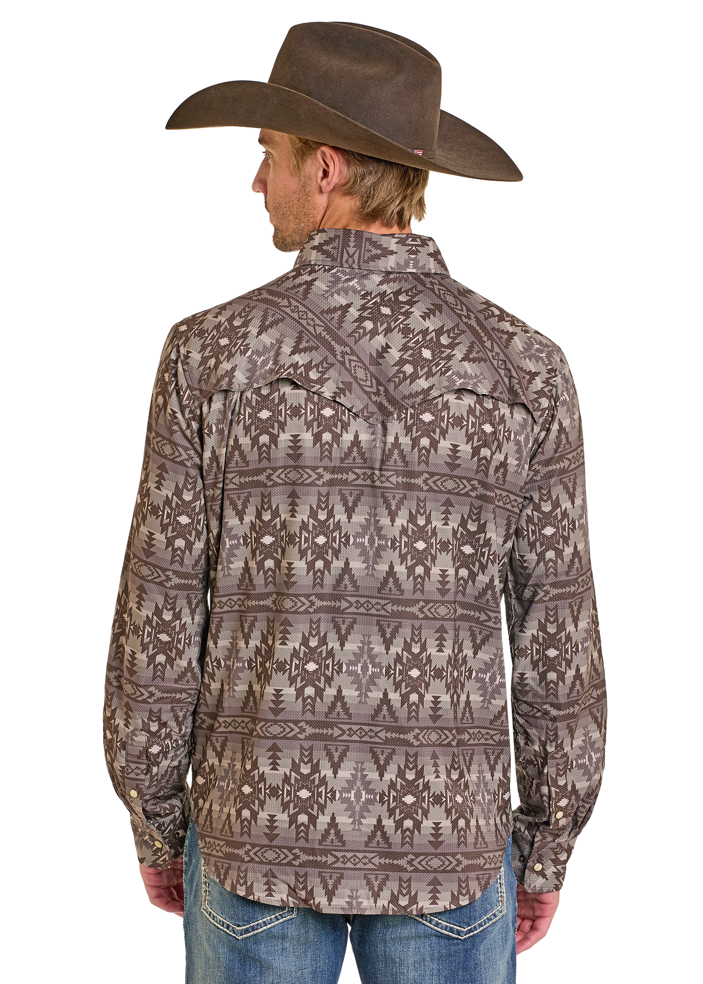 Man wearing a patterned long-sleeve shirt and cowboy hat on a white background