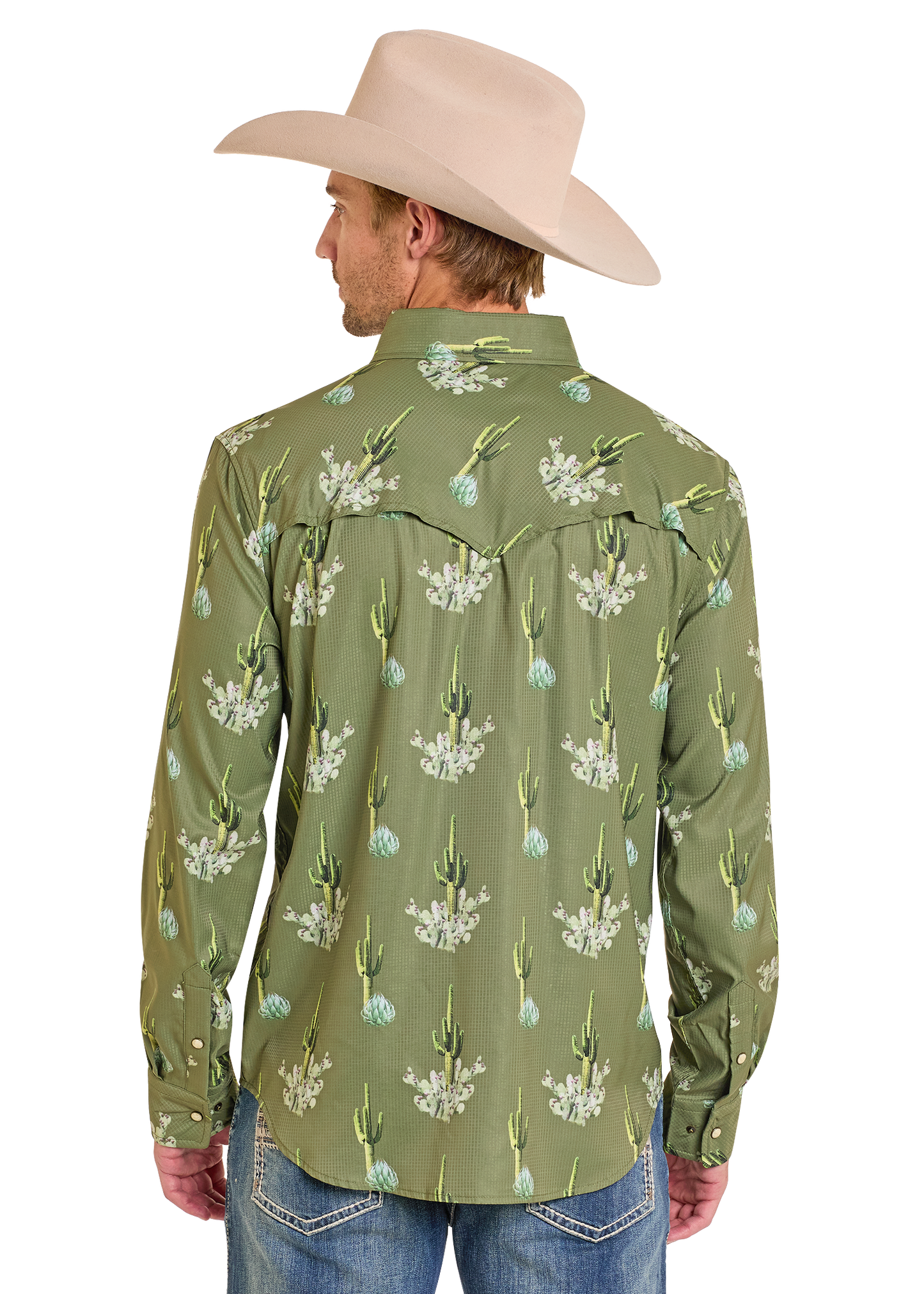 The back of a man wearing a cowboy hat and a pearl snap shirt. 