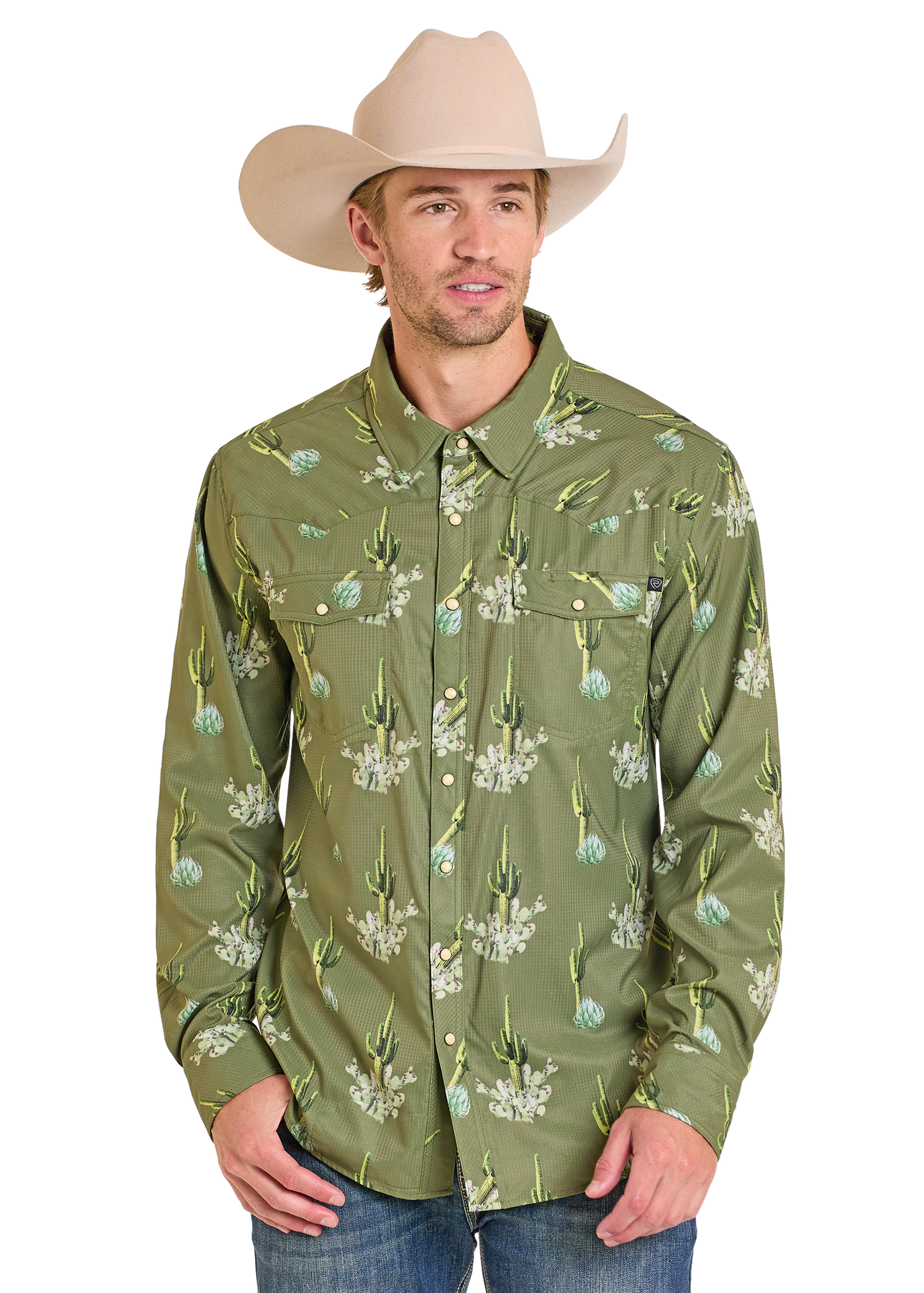 Man wearing a cowboy hat and green pearl snap shirt. 
