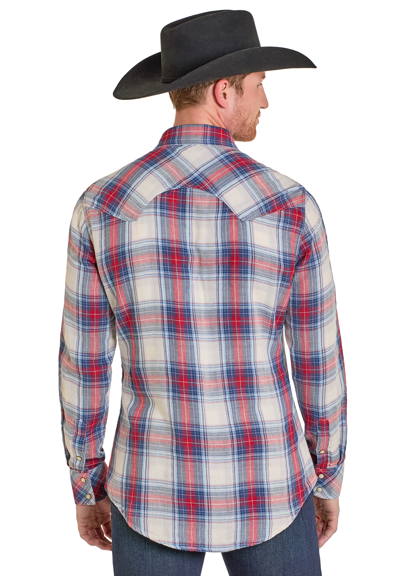 Man wearing a plaid shirt and cowboy hat on a white background