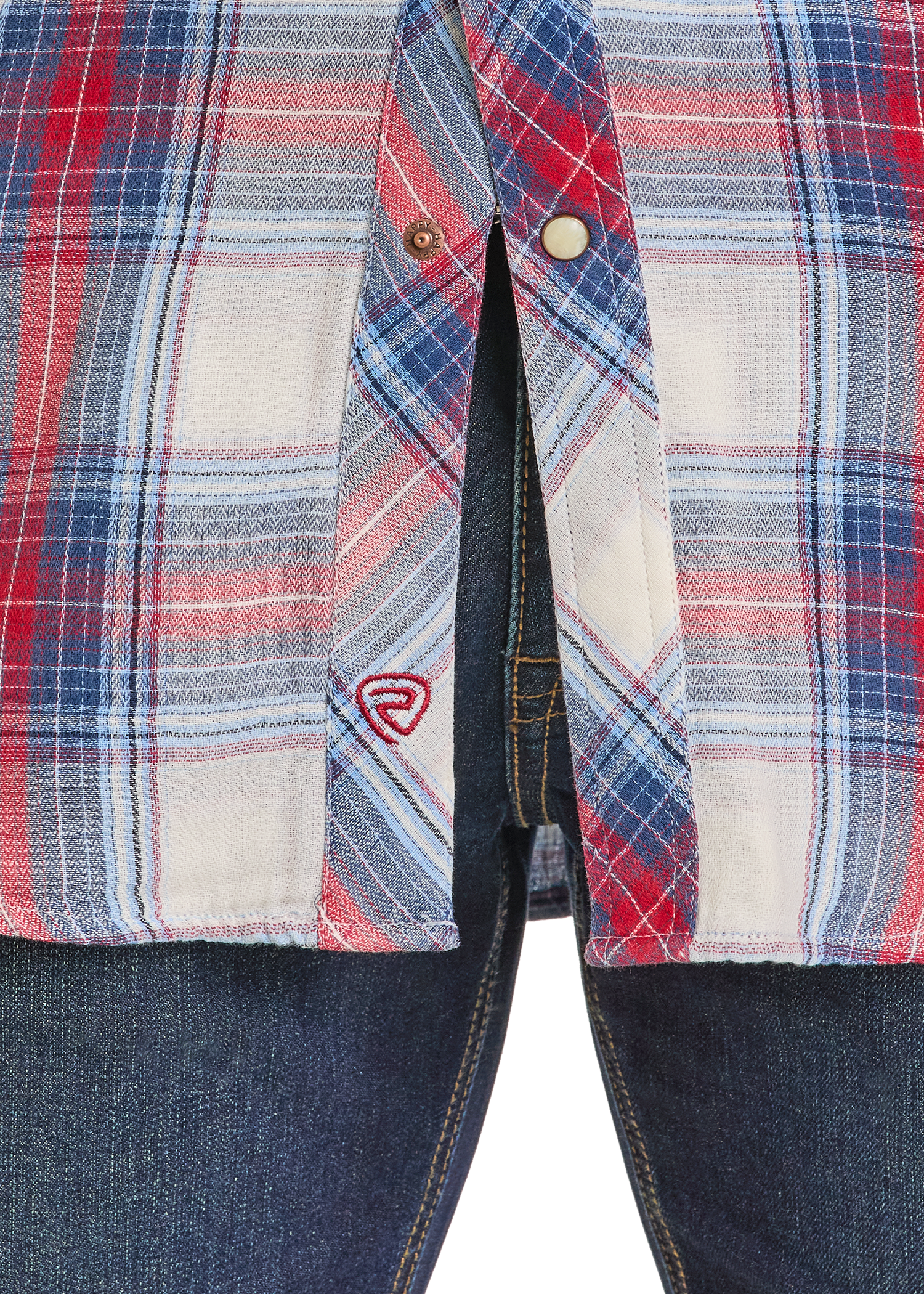 Close-up of a plaid shirt with a brand logo on a white background