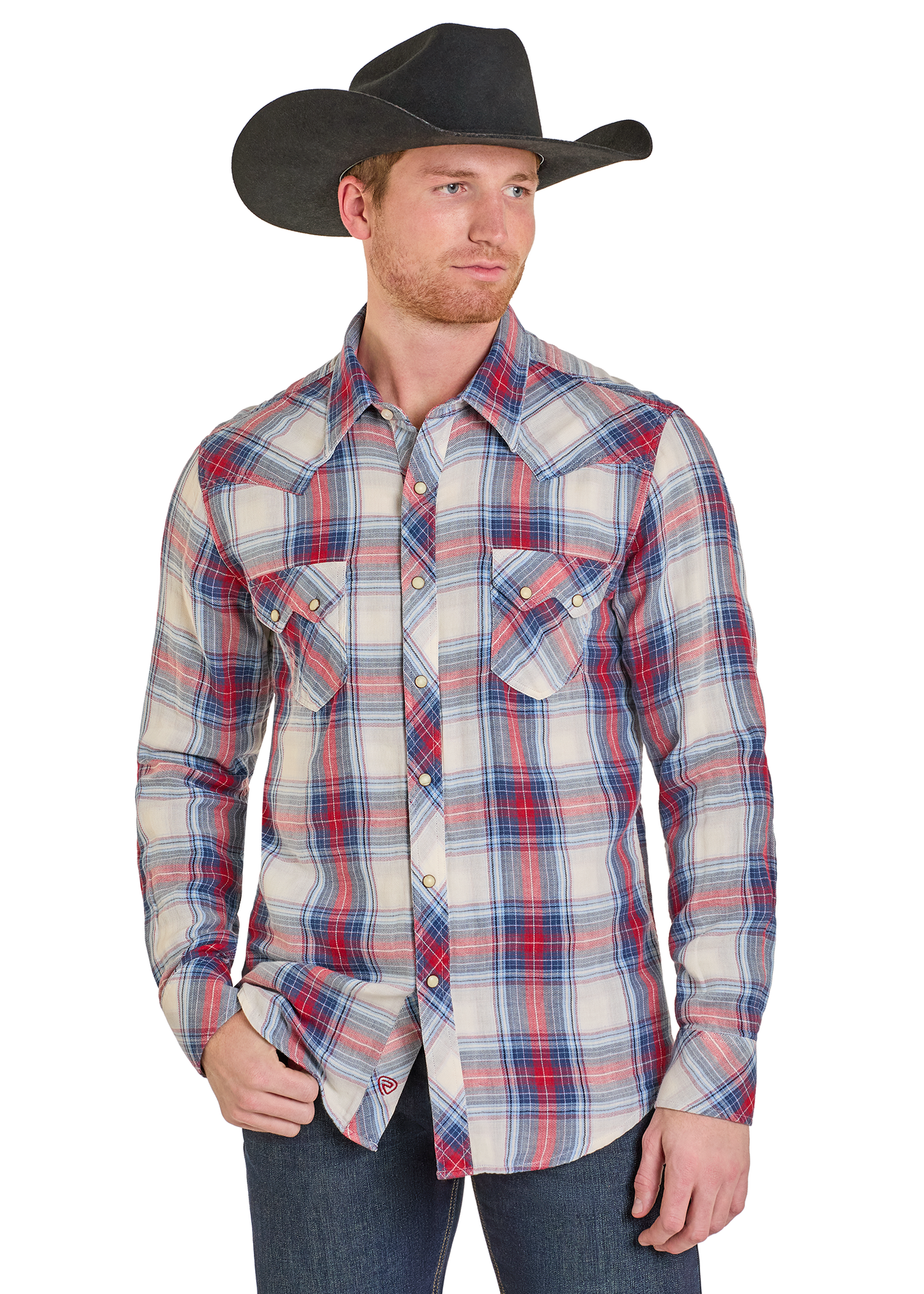 Man wearing a plaid shirt and cowboy hat on a white background