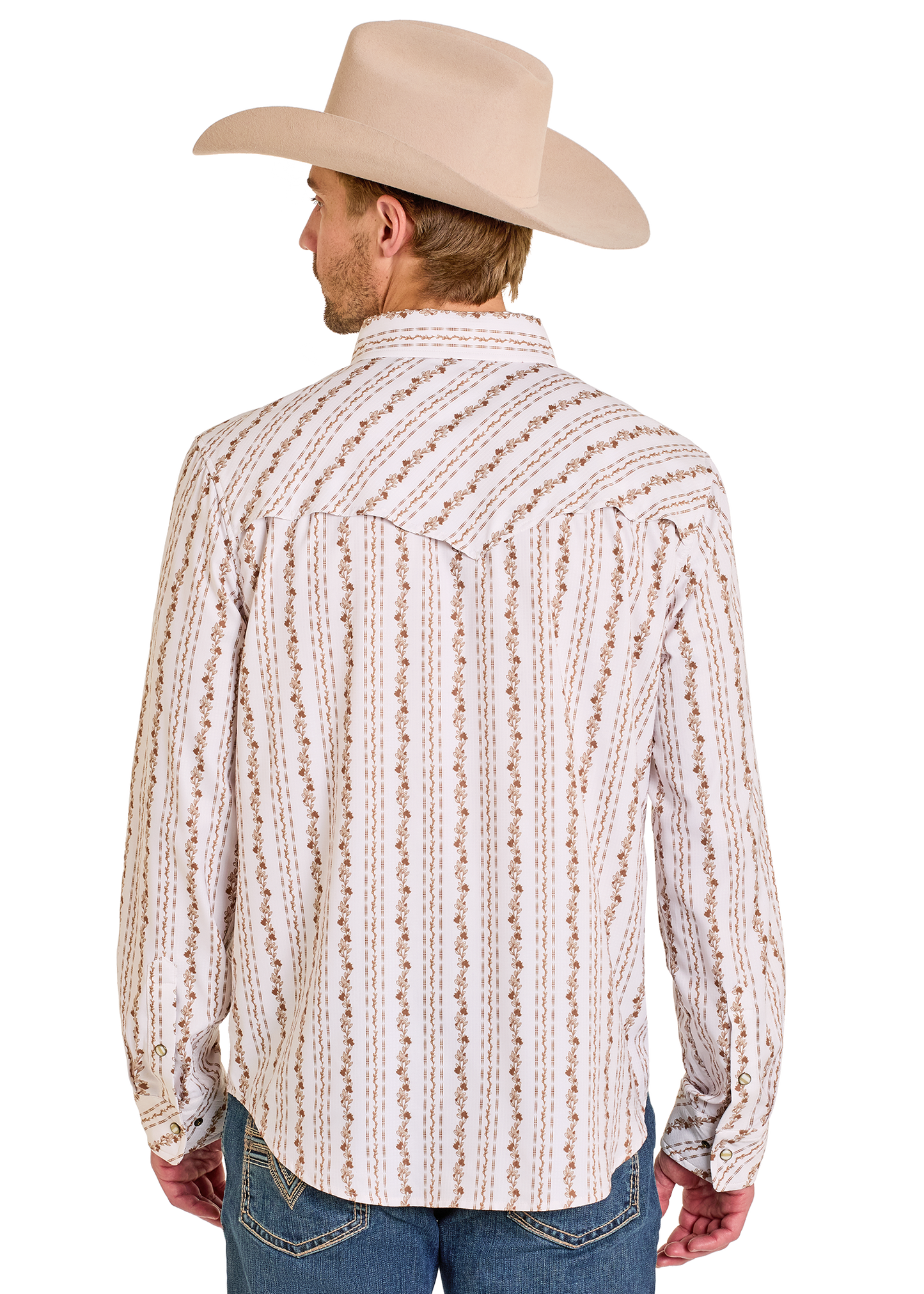 Man wearing a patterned long-sleeve shirt and beige cowboy hat on a white background